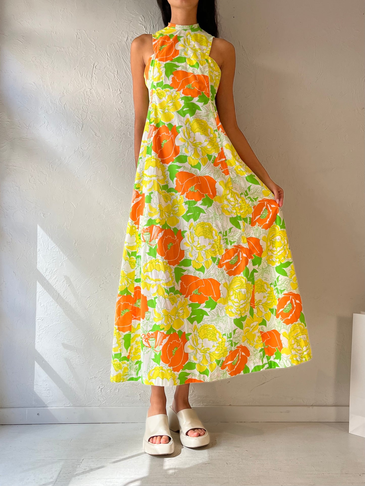 Vintage Handmade Retro Neon Floral Print Maxi Dress / Small