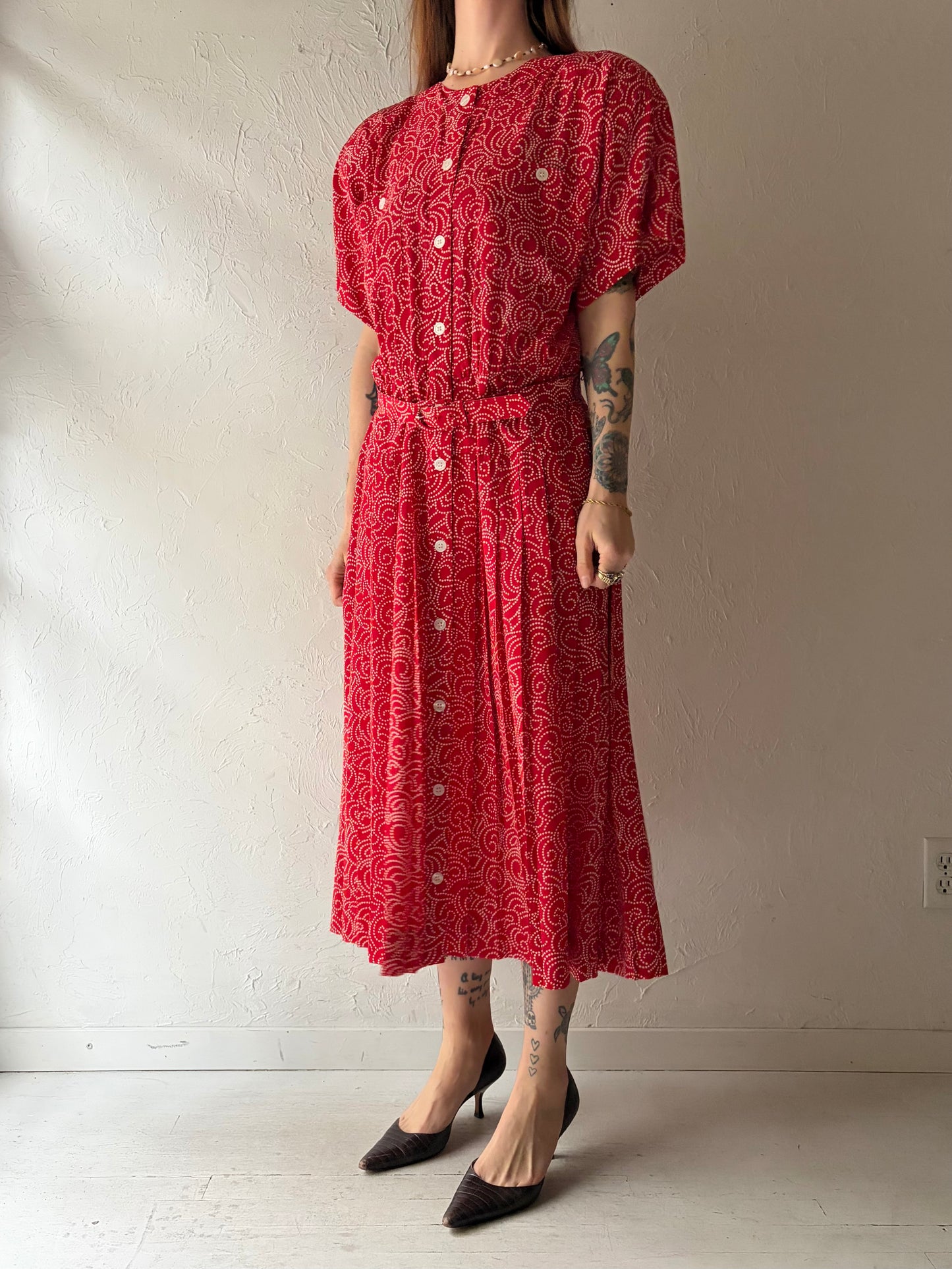 90s 'Liz Clairborne' Red Patterned Office Wear Summer Shirt Dress / Large
