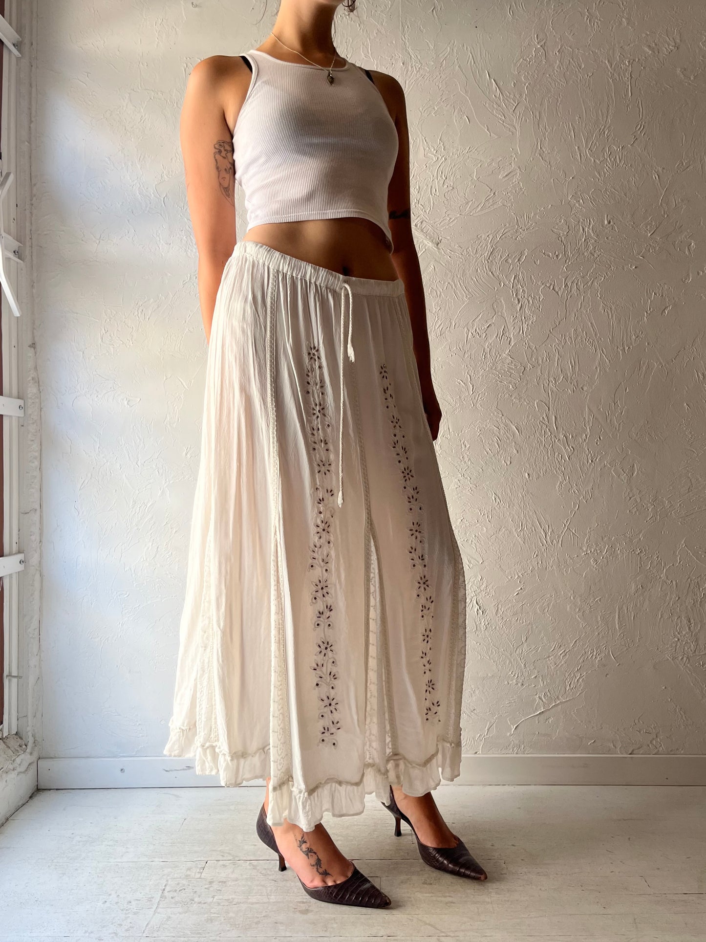 Y2k 'Papa' White Beaded Whimsical Fairycore Maxi Skirt / Medium