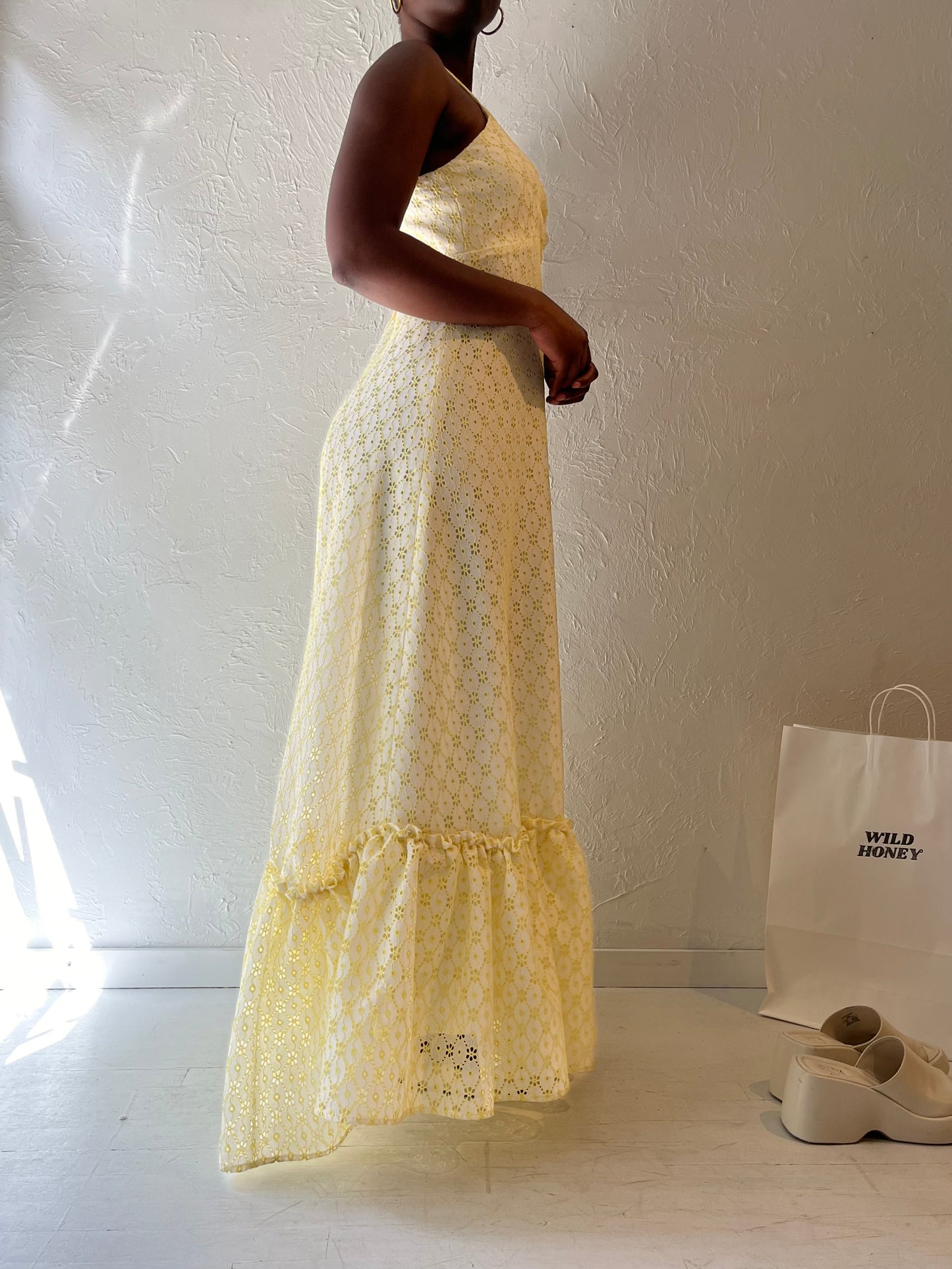 Vintage Handmade Yellow Eyelet Maxi Dress / Medium