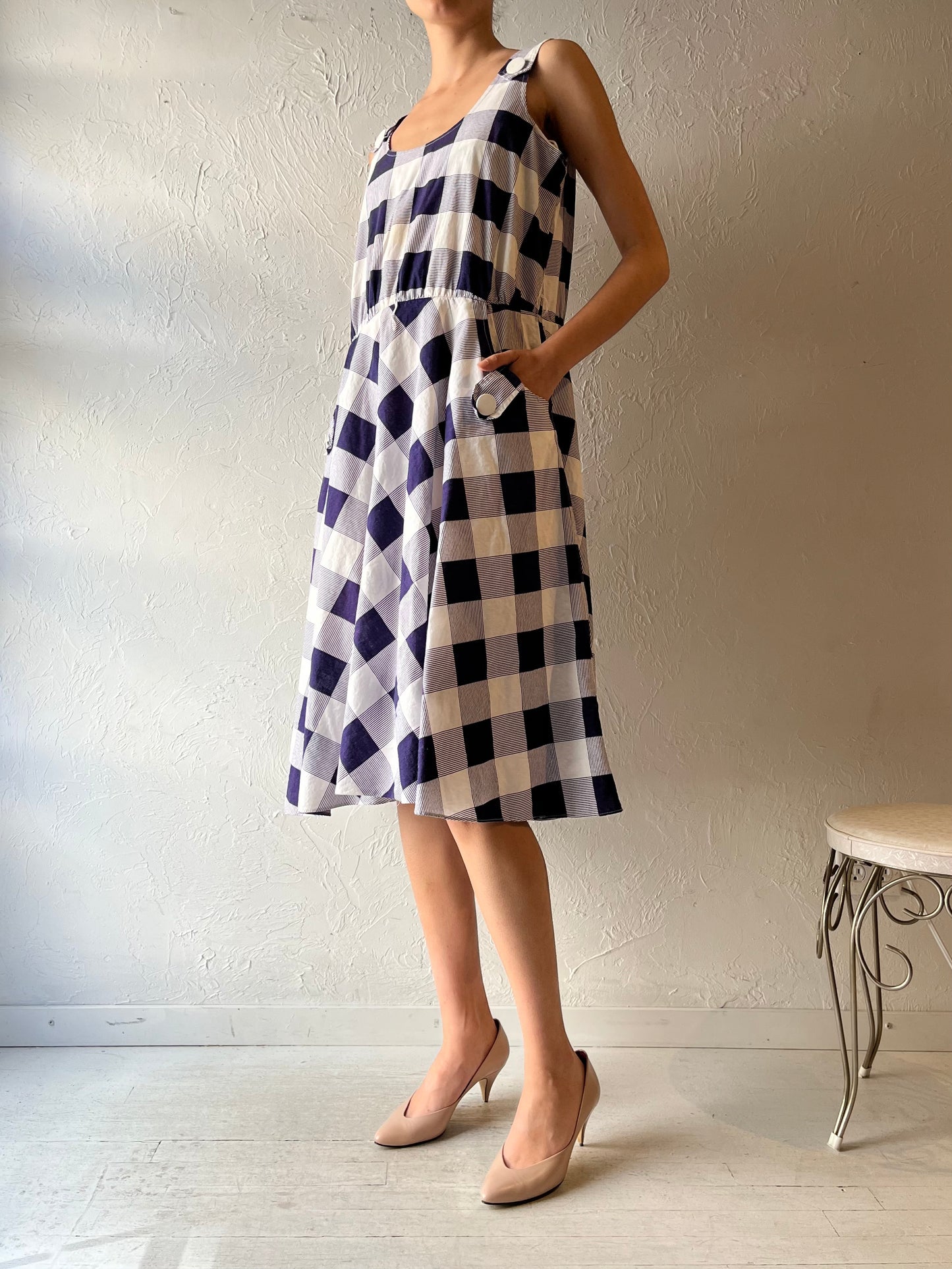 80s 'Algo'  Blue Plaid Cottagecore Summer Dress / Vintage 1980s Boho Garden Party Sundress / Large