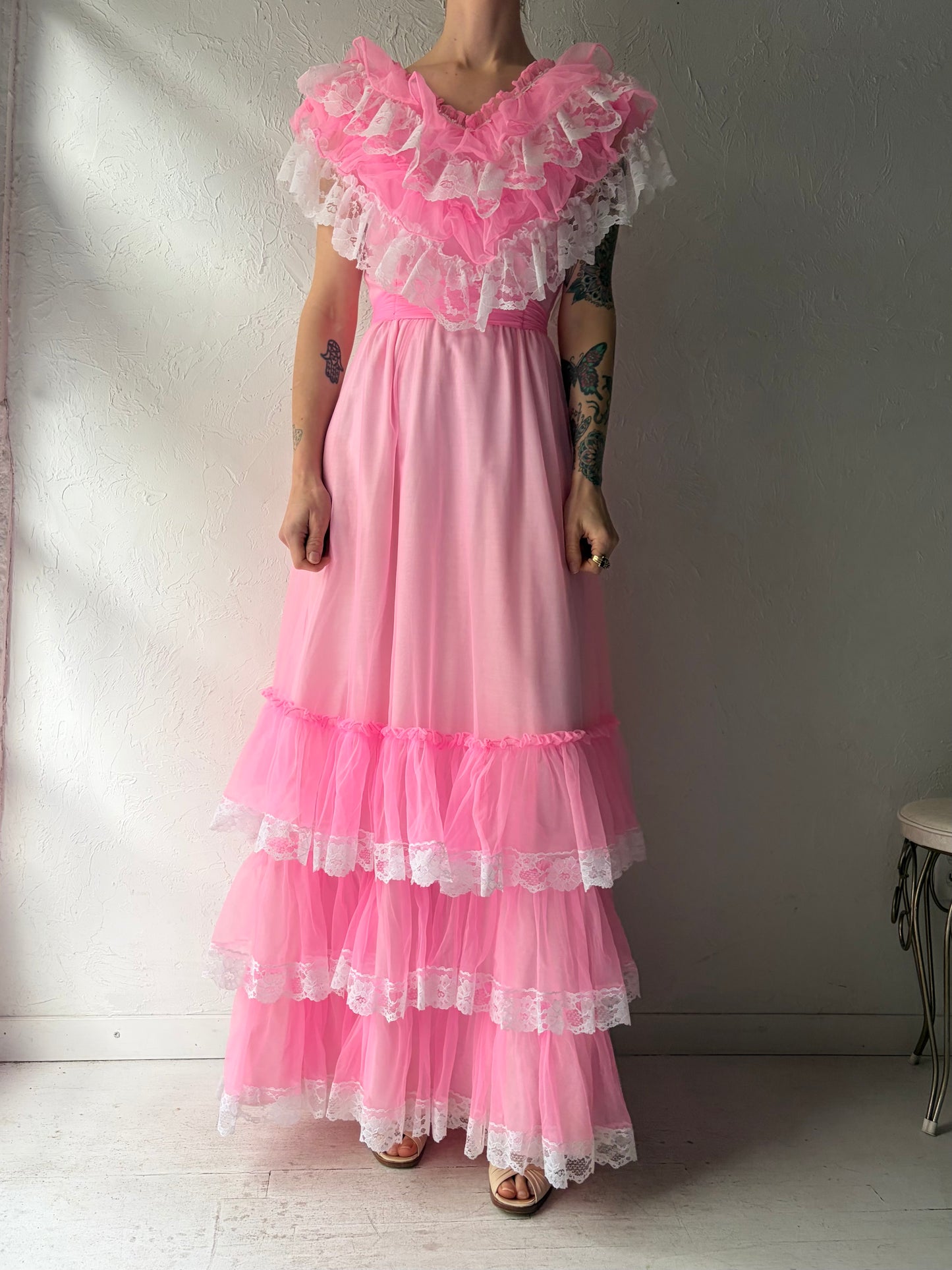 70s 'Petite Fashions' Pink Ruffle Formal Dress / Small