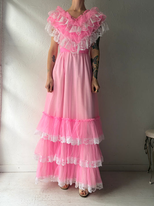 70s 'Petite Fashions' Pink Ruffle Formal Dress / Small