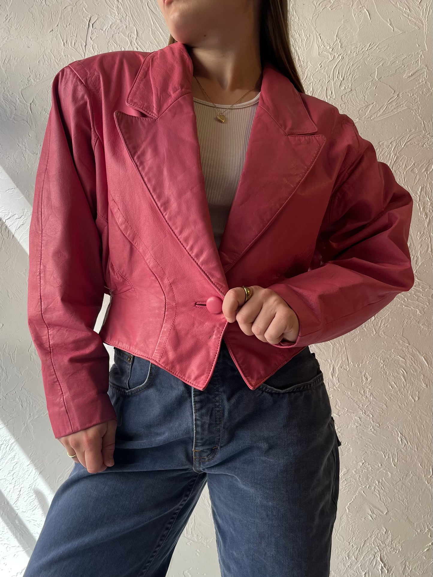 80s 'Chia' Pink Leather Bomber Jacket / Small