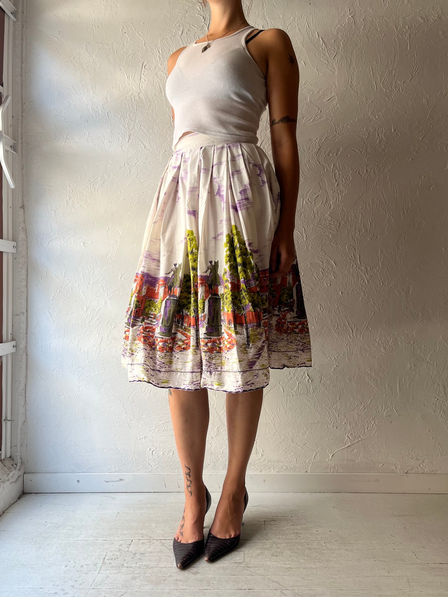 Vintage Handmade Cotton Novelty Print Pleated Midi Skirt / Small