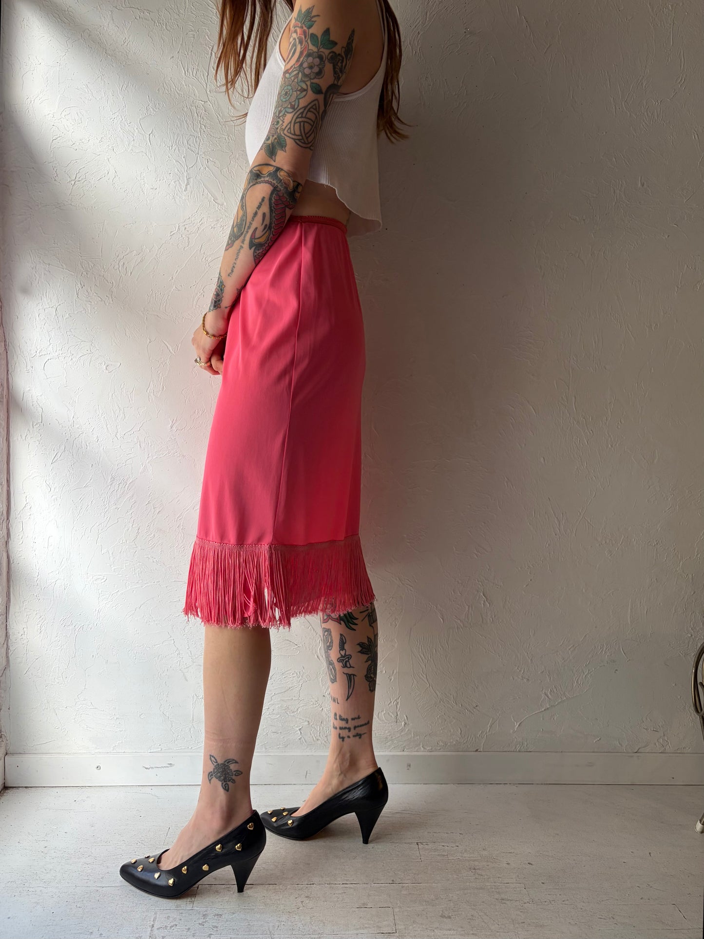 70s Pink Fringe Lingerie Flapper Slip Skirt / Small