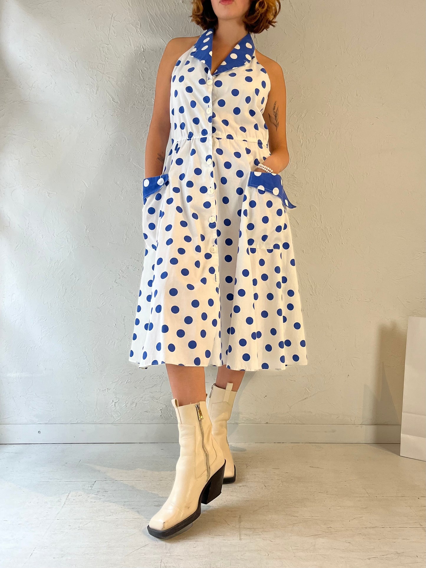 Y2k Collared Polka Dot Midi Dress / Large