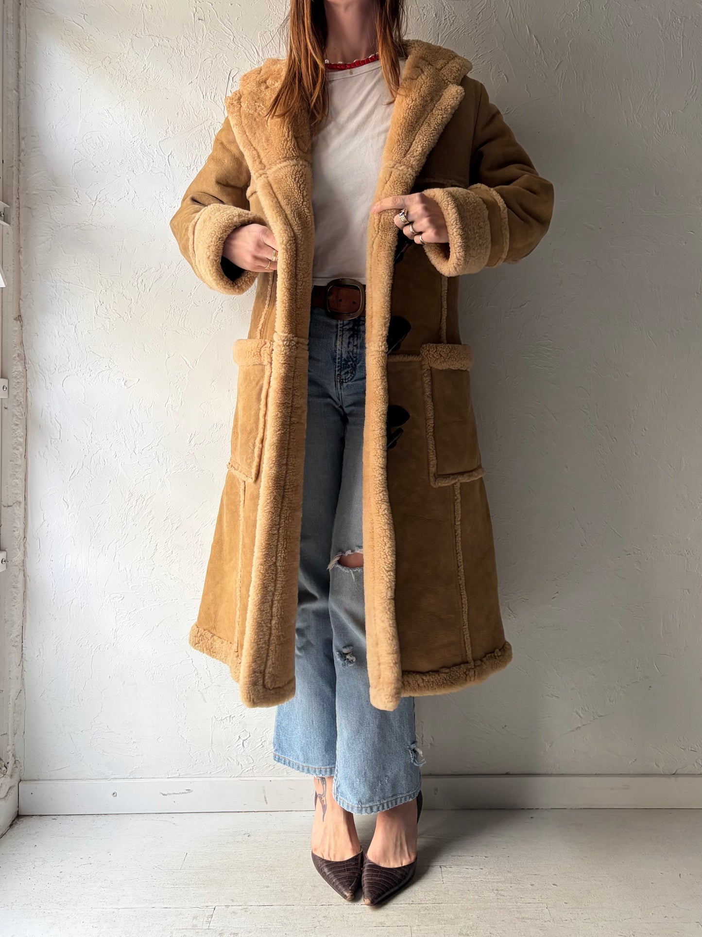 Vintage 'Pacific Fur' Suede Leather Hooded Winter Coat / Small