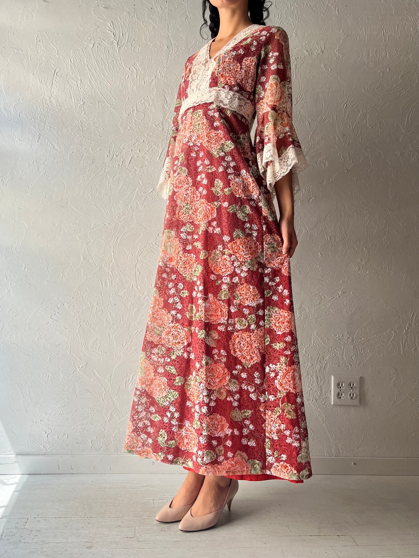 70s Burgundy Floral Lace Peasant Dress / Small