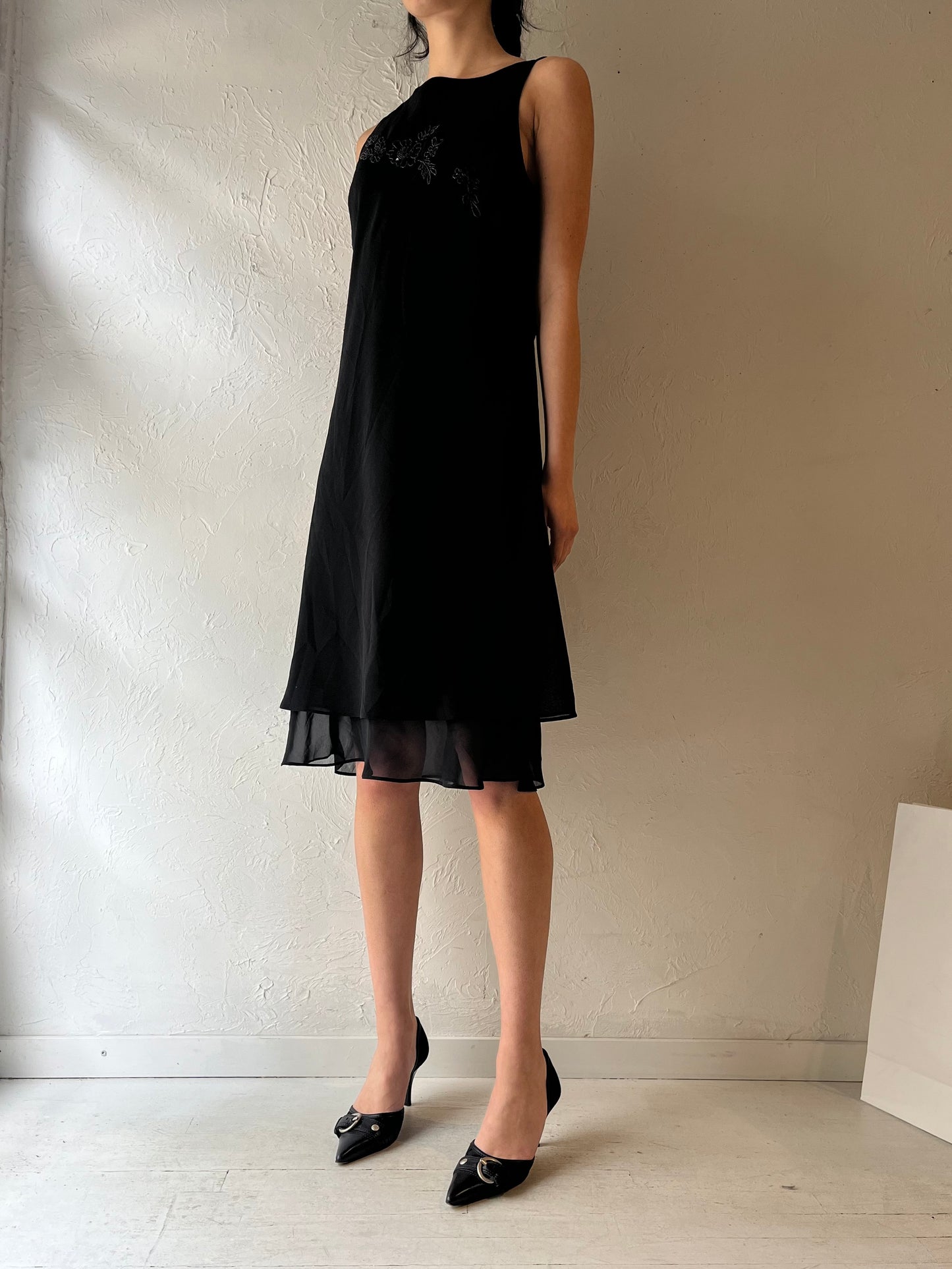 90s ‘Jessica’ Black Beaded Midi Dress / Large