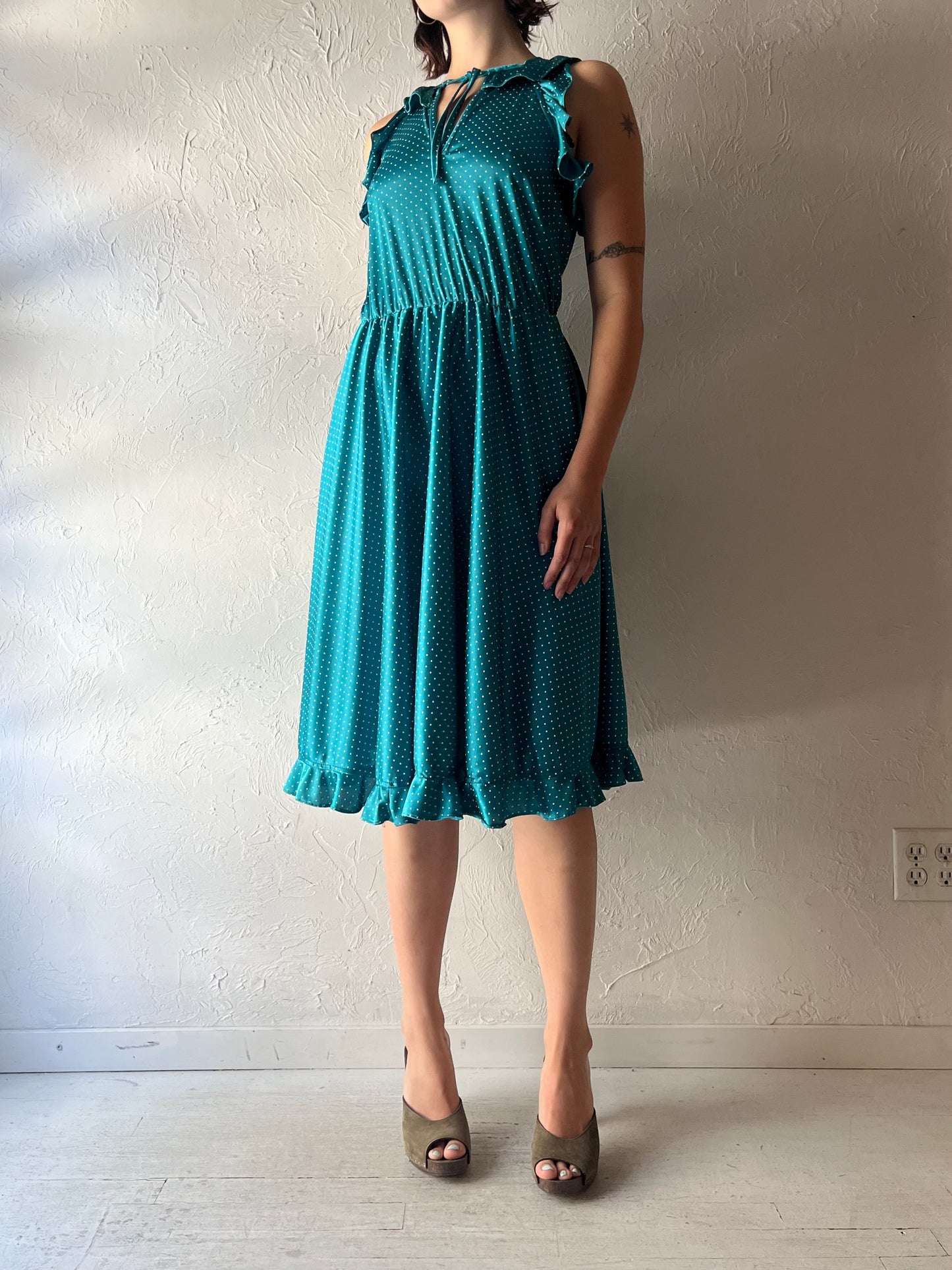 80s Retro Teal Polka Dot Party Dress / Small - Medium