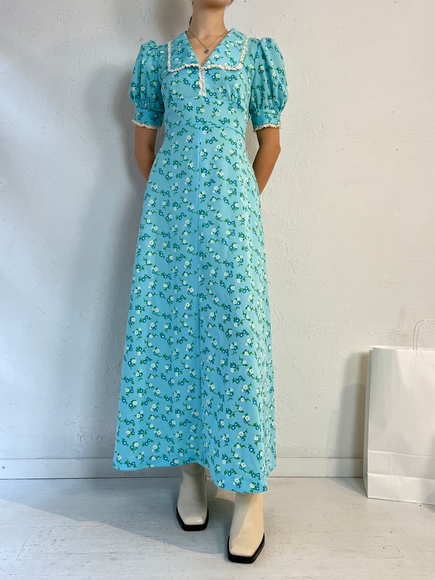 Vintage Handmade Blue Floral Peasant Dress / Small