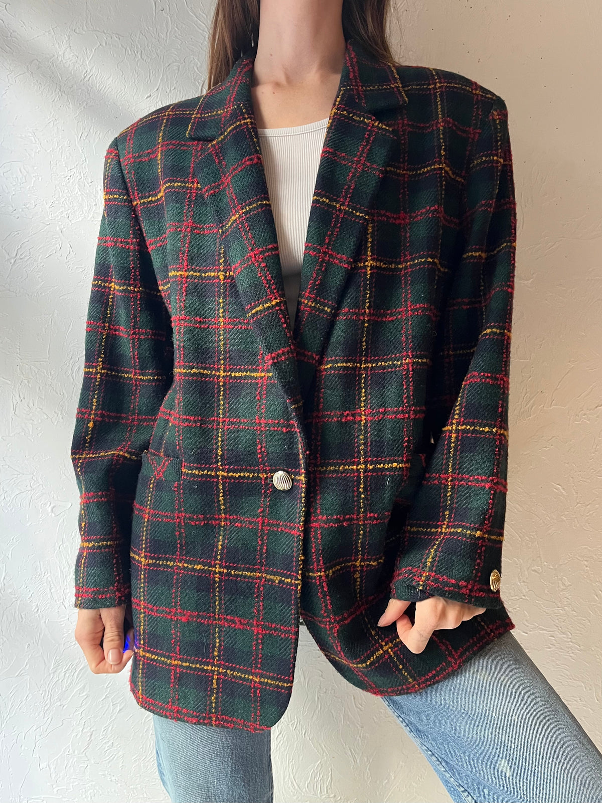 90s 'Bianca' Green Plaid Preppy Academia Oversized Blazer Jacket / Large