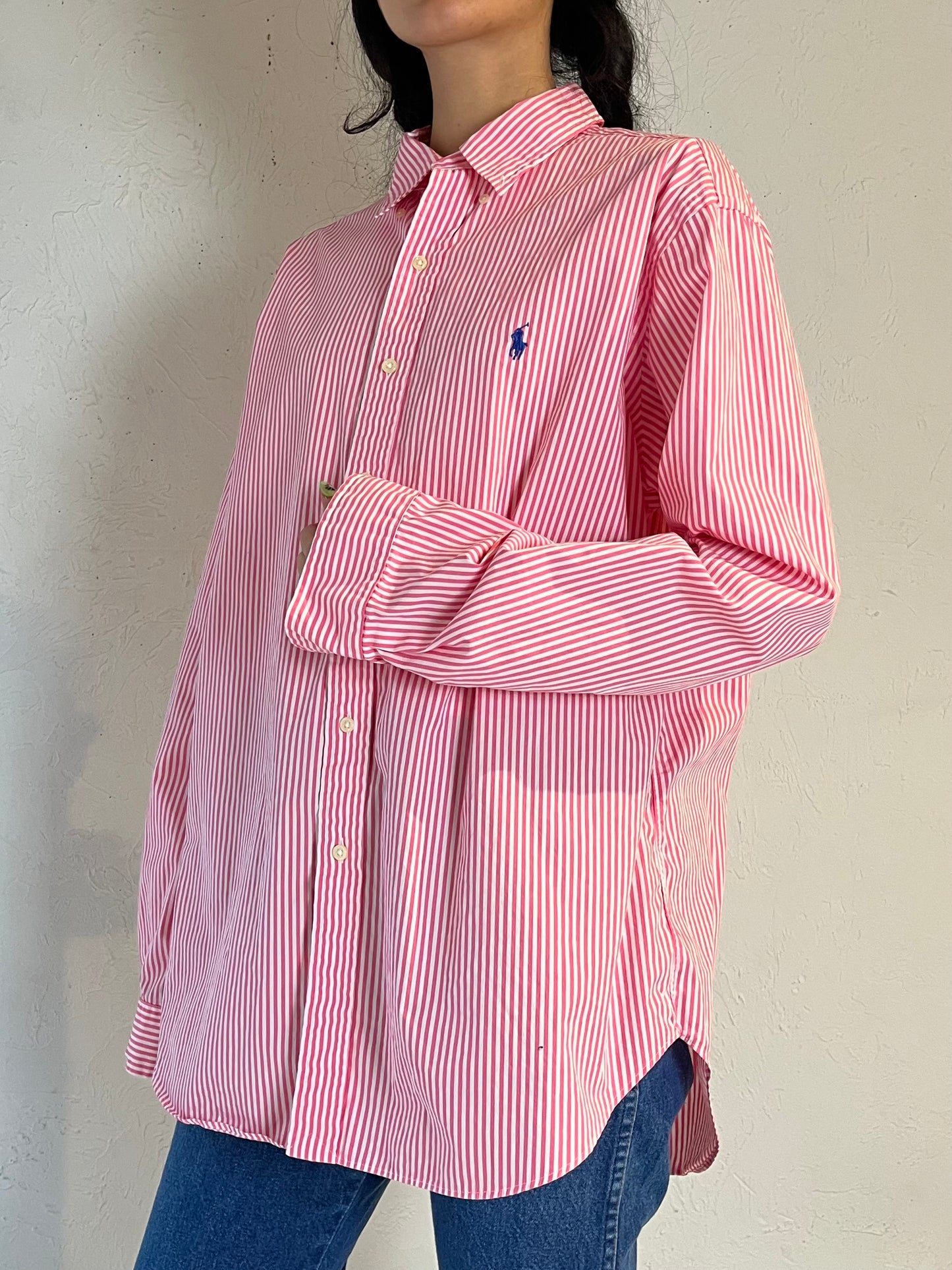 Y2K ‘Ralph Lauren’ Pink Pin Stripe Button Up Shirt / XL