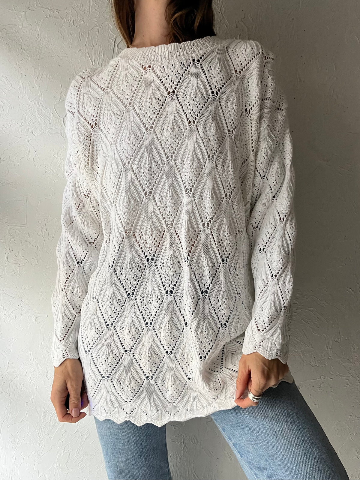 90s White Cotton Crochet Knit Sweater / Medium