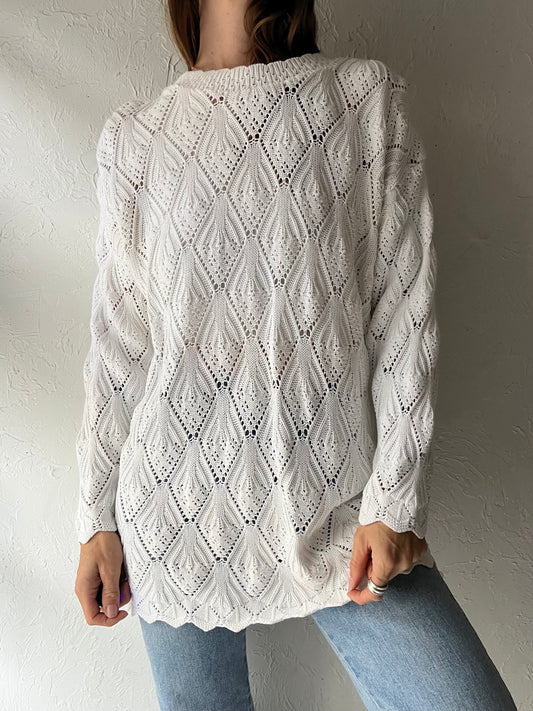 90s White Cotton Crochet Knit Sweater / Medium