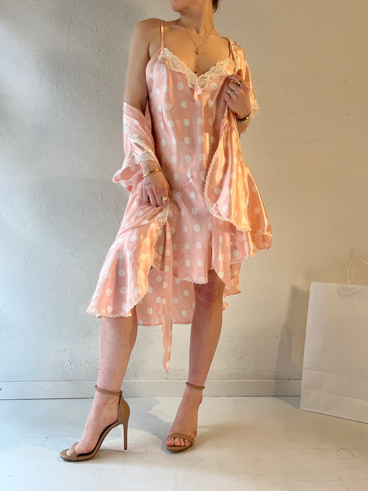 Y2k 'Godiva' Pink Polka Dot Night Dress Robe Set / Medium