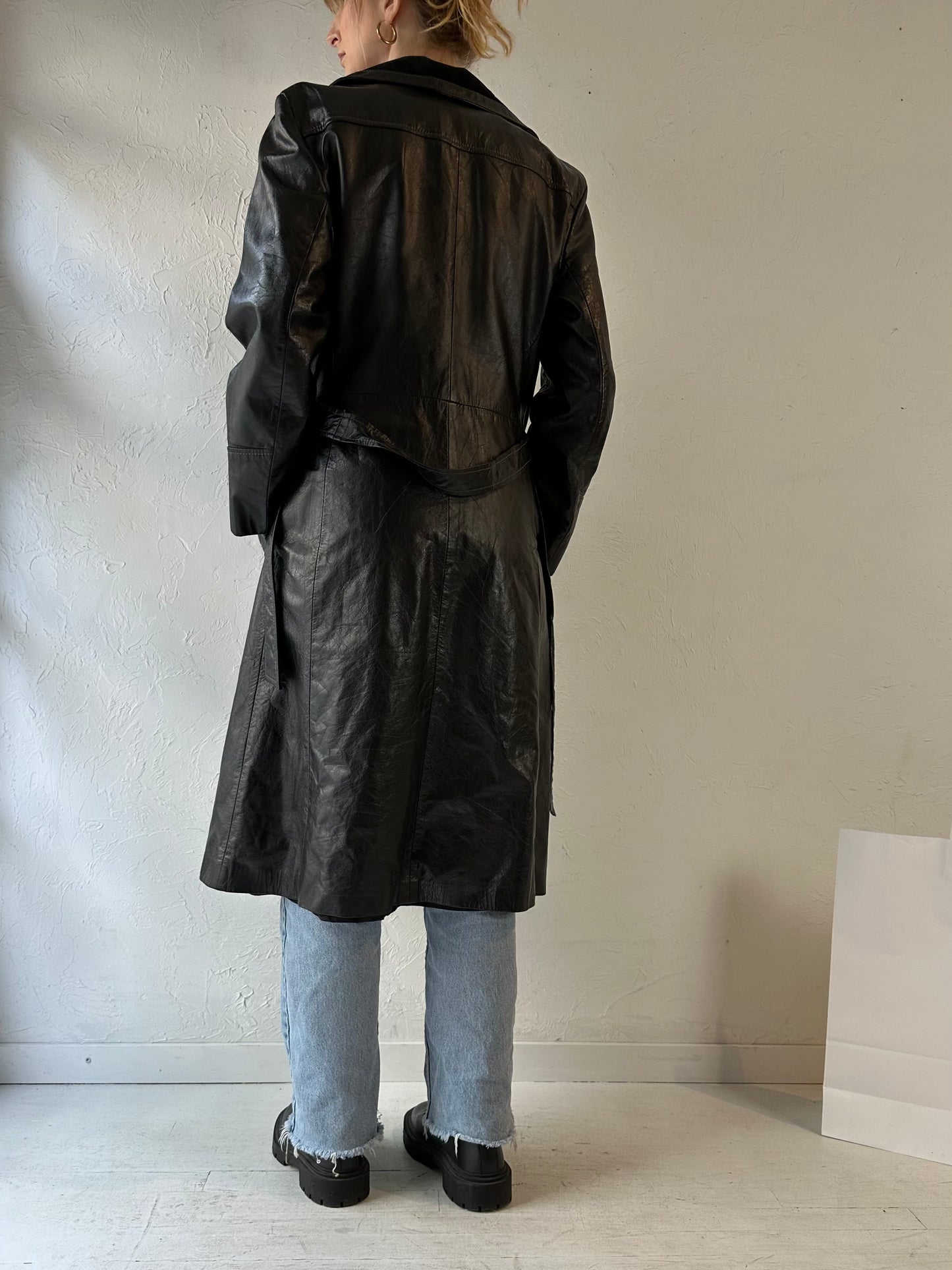 Vintage Black Leather Trench Coat / Medium