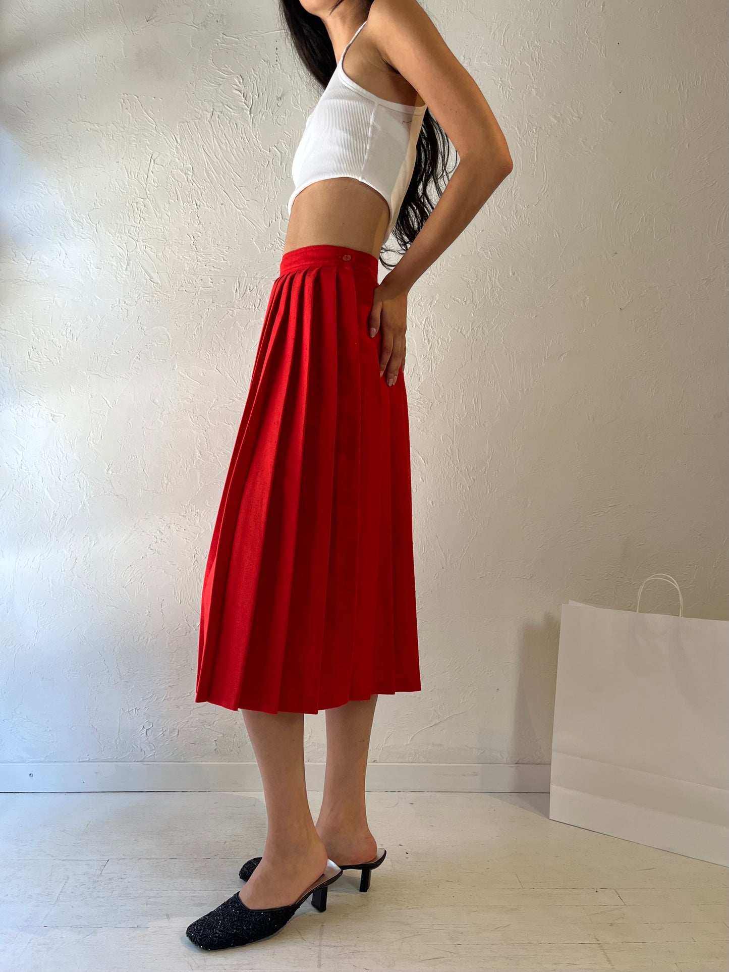 90s 'Fashion Spirit' Red Pleated Skirt / Small