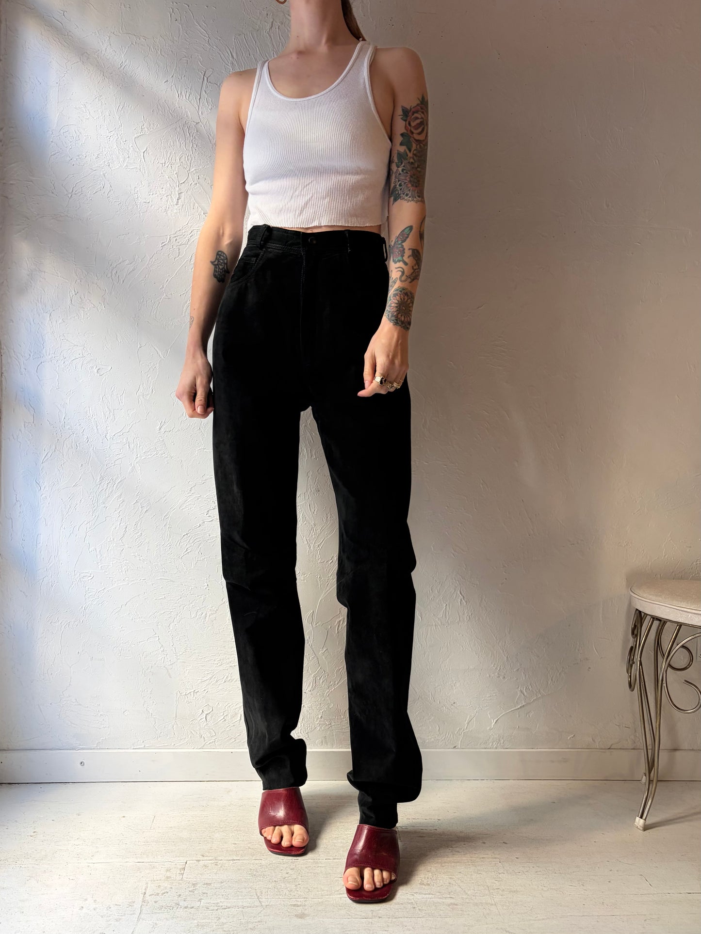 90s 'Danier' Black Suede Leather Pants / Small