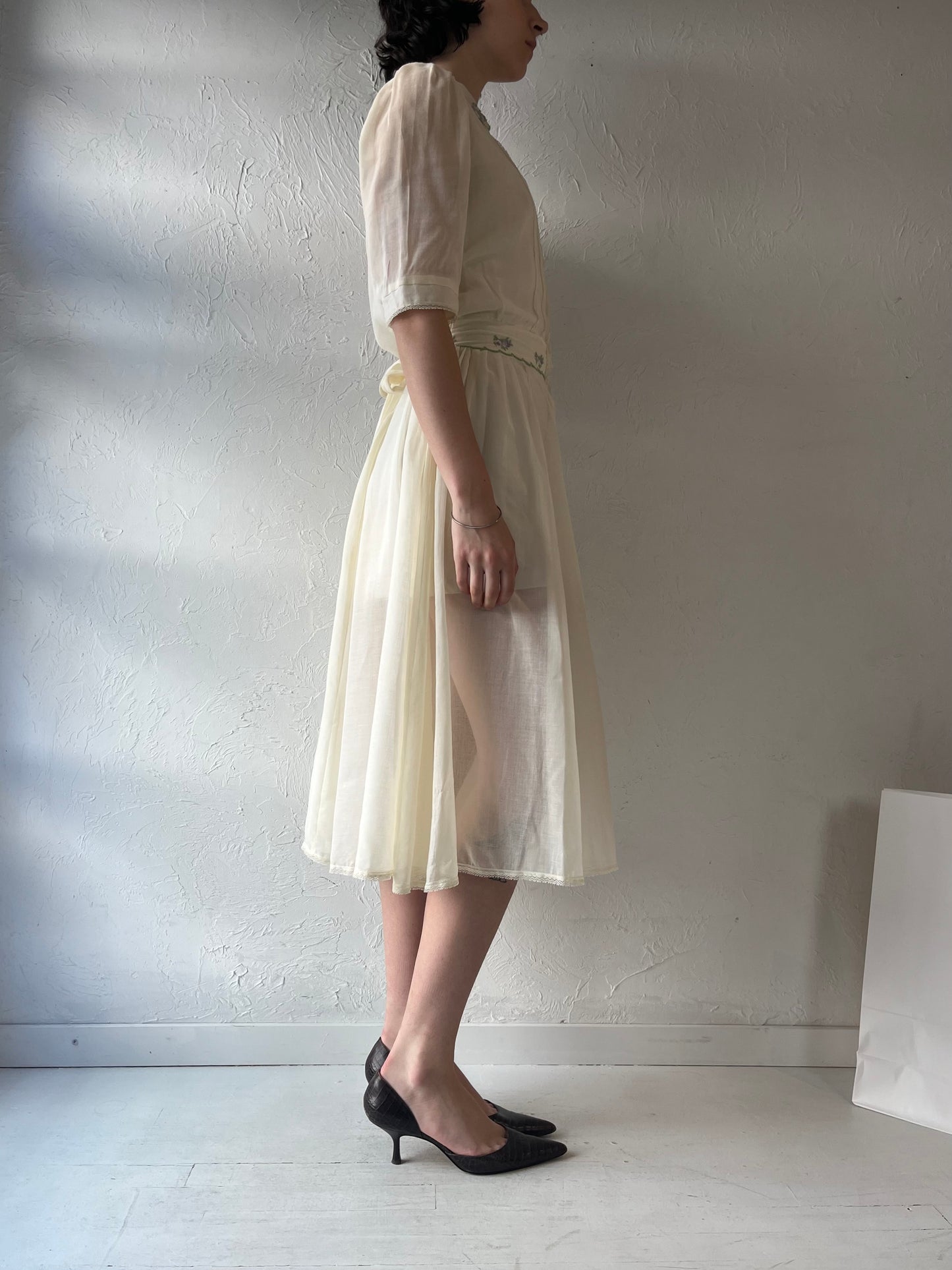 70s 'Gunne Sax' Sheer Cream Cotton Dress / Small