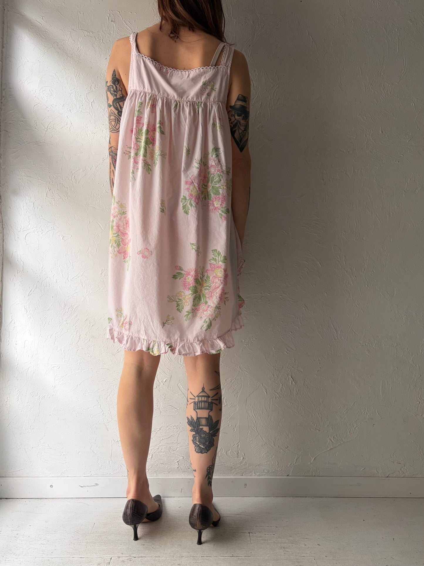 90s 'Erika Taylor' Pink Floral Print Cotton Mini Dress / Large
