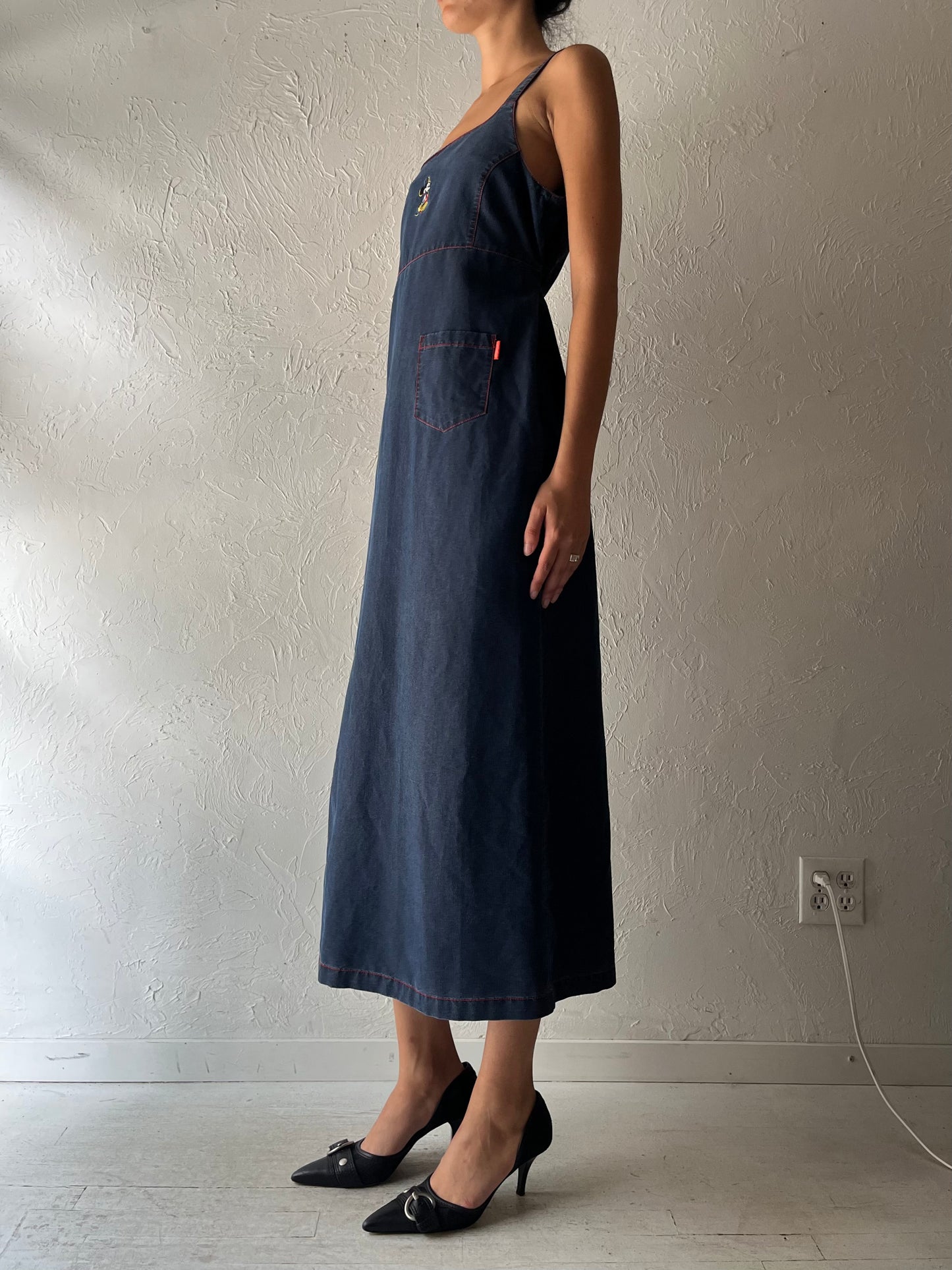 Y2k 'Mickey Mouse' Embroidered Denim Maxi Dress / Medium