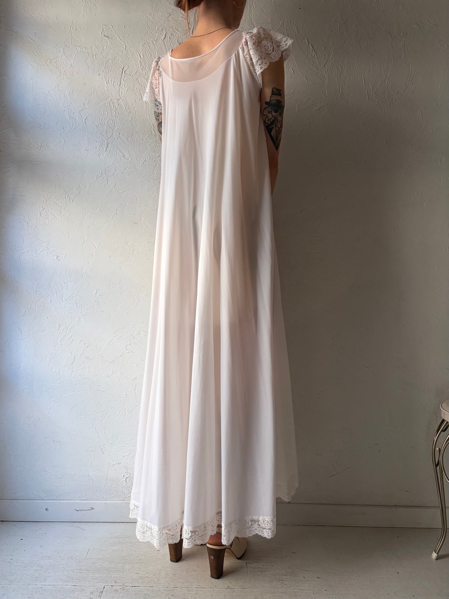 60s White Nylon Peignoir Robe / Small
