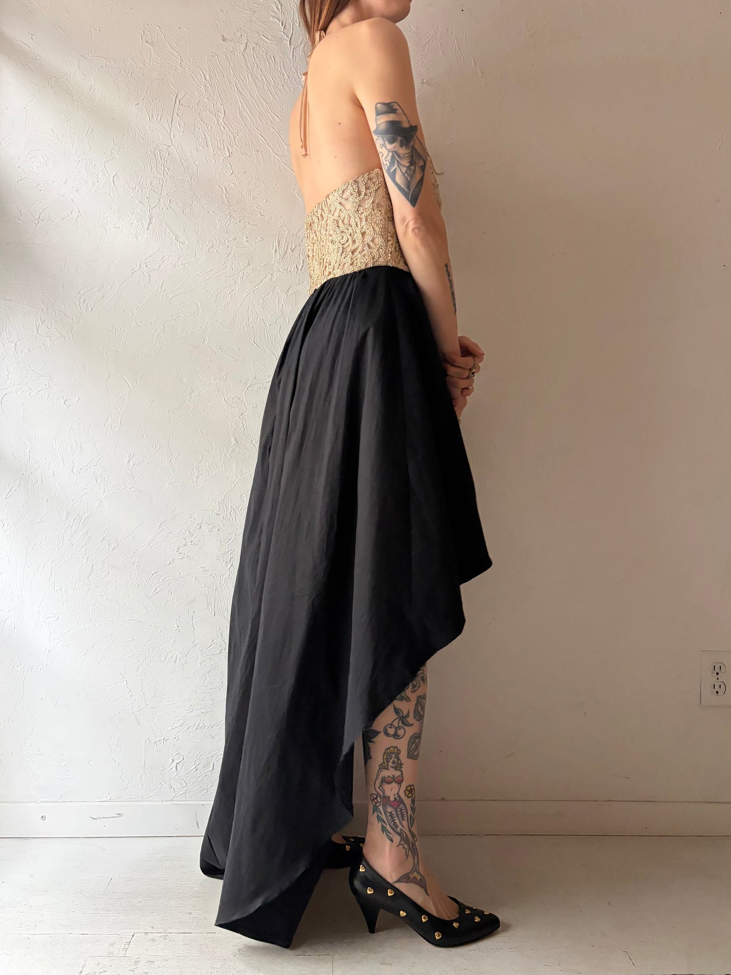 Y2k 'Be Smart' Gold & Black Formal Prom Halter Maxi Dress / Small