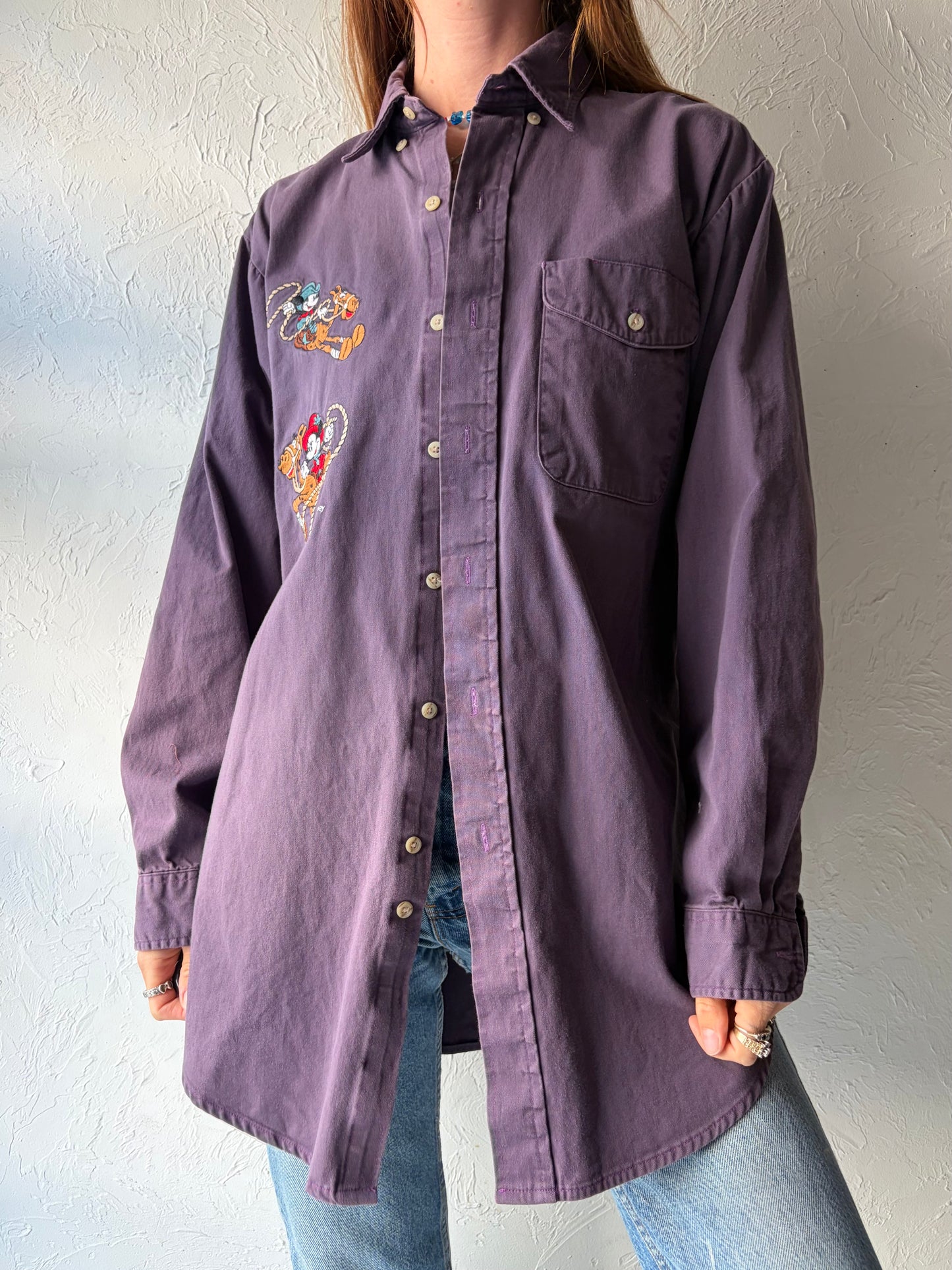 90s 'Disney Mickey & Co' Purple Embroidered Western Character Shirt / Large