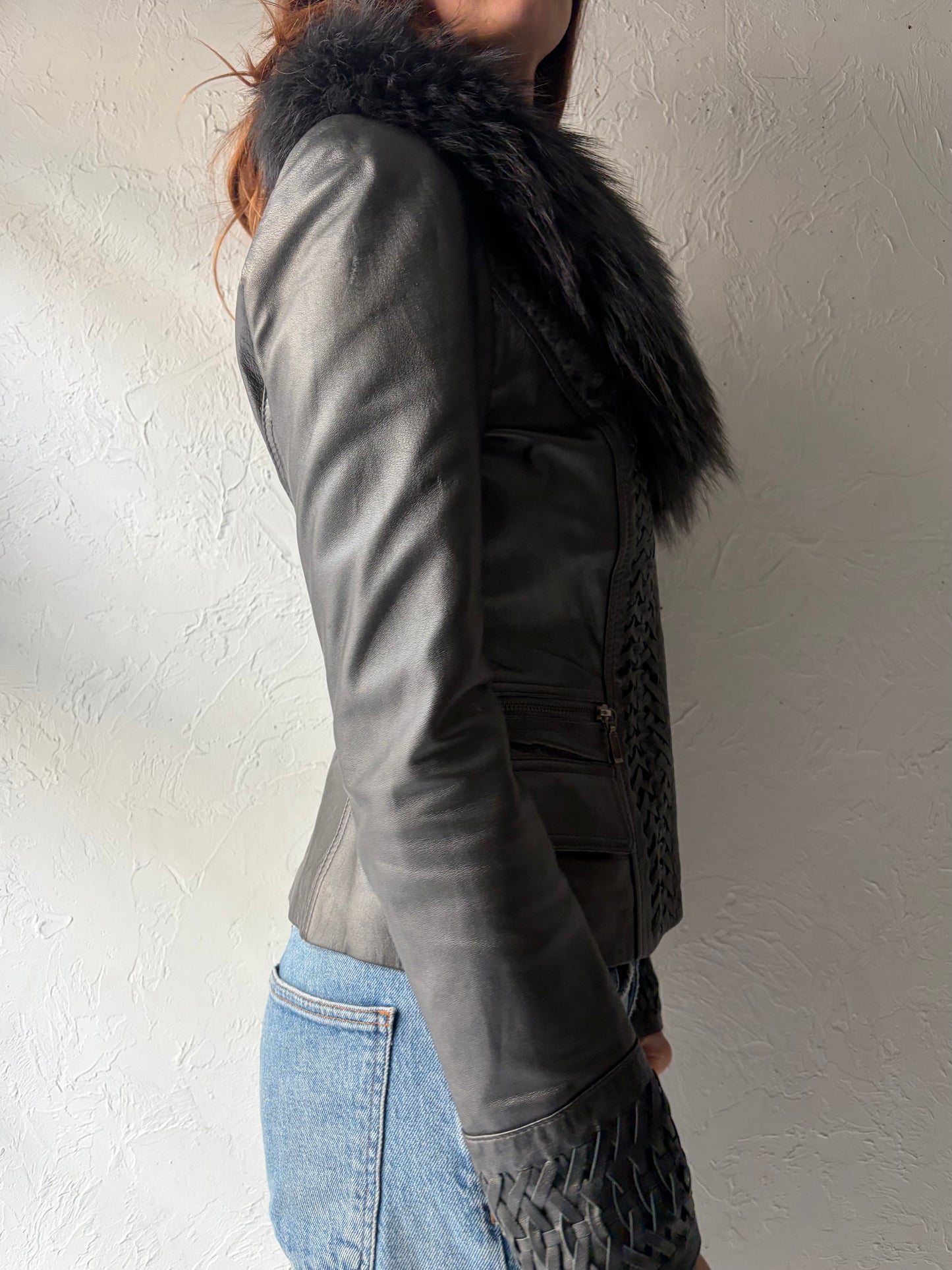 90s 'Cache' Black Mod Leather Jacket with Fur Collar / Small