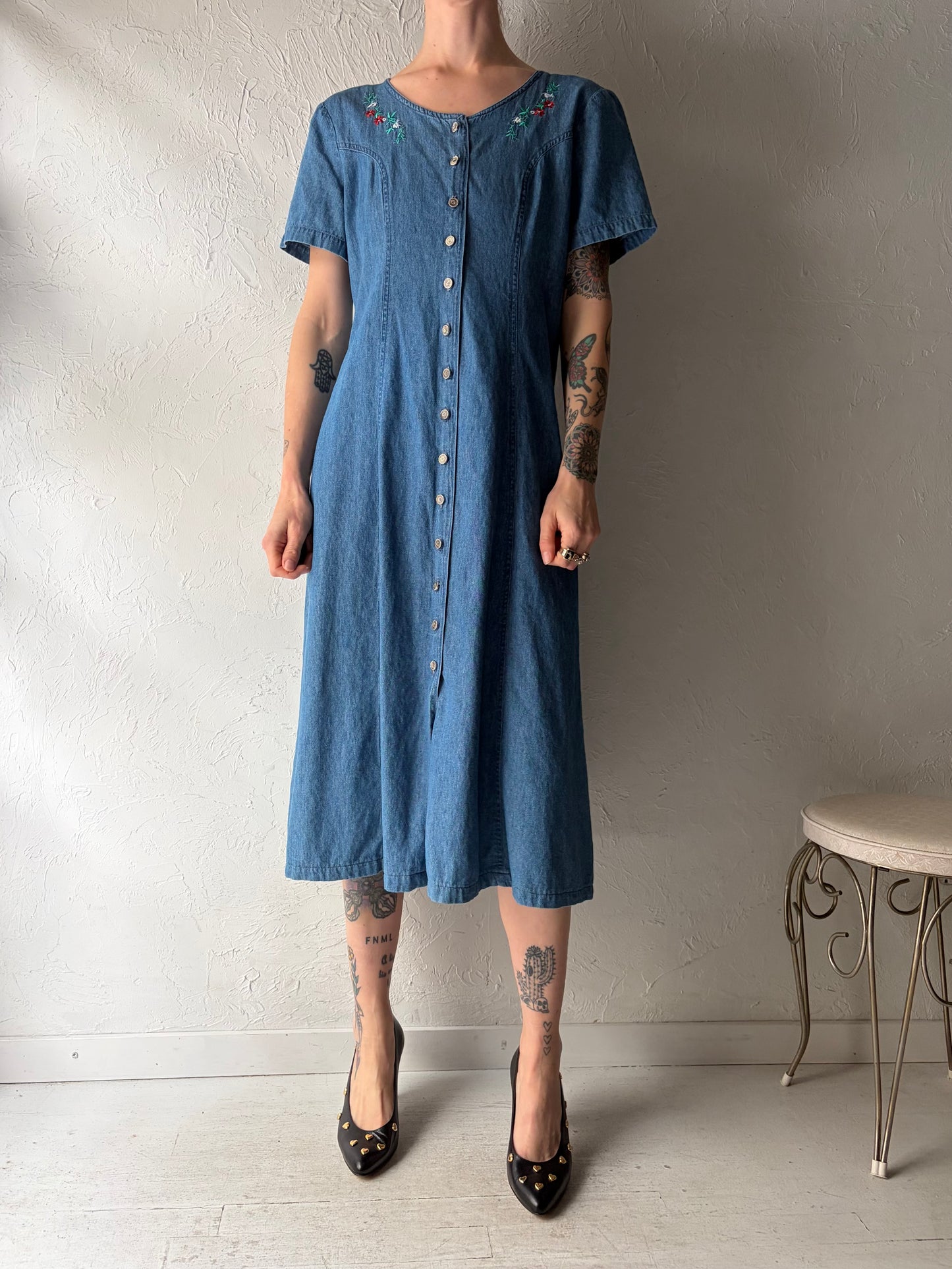 90s 'Fair Set' Embroidered Denim Dress / Medium