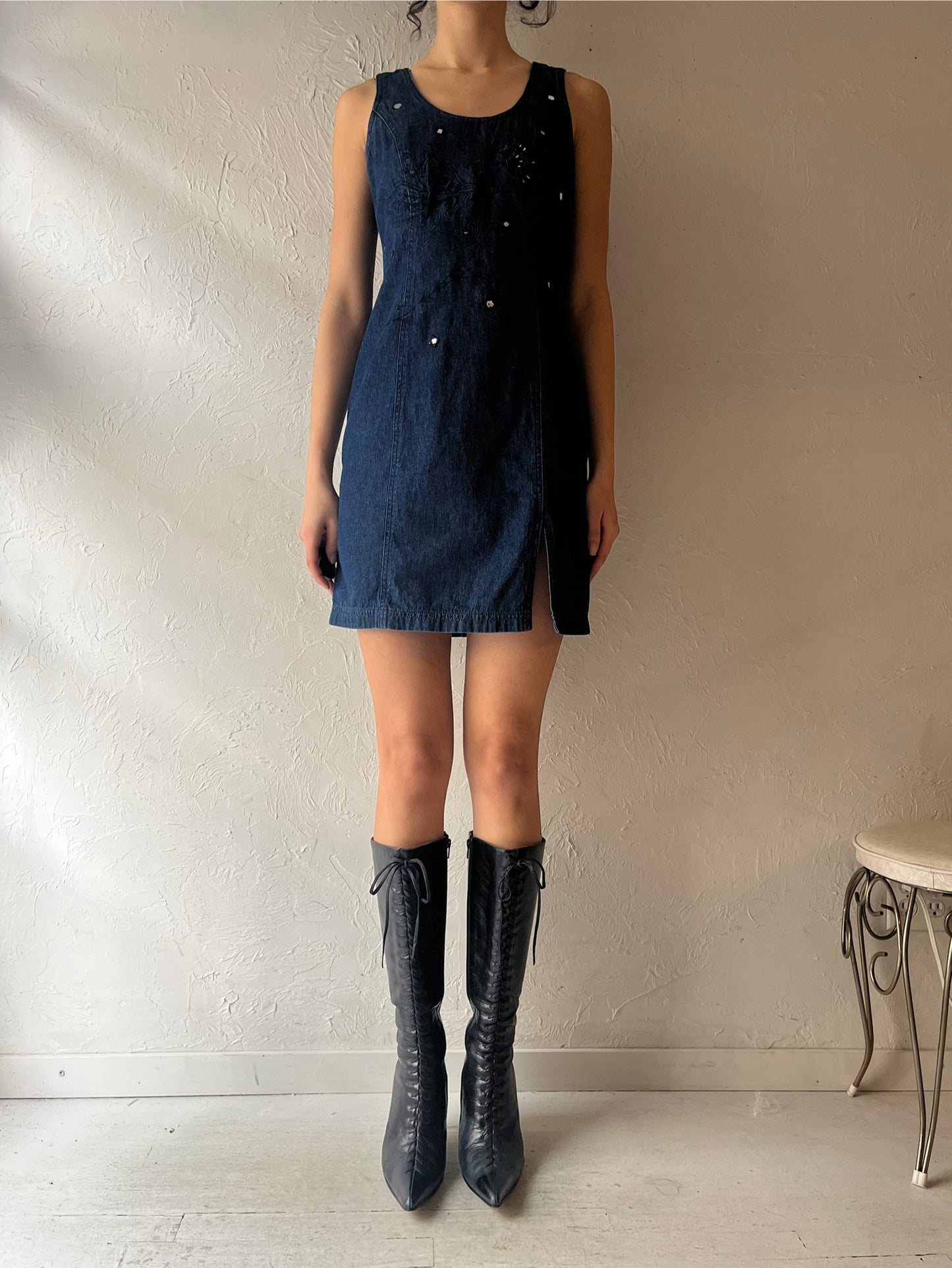 90s 'Together' Denim Mini Dress / Small
