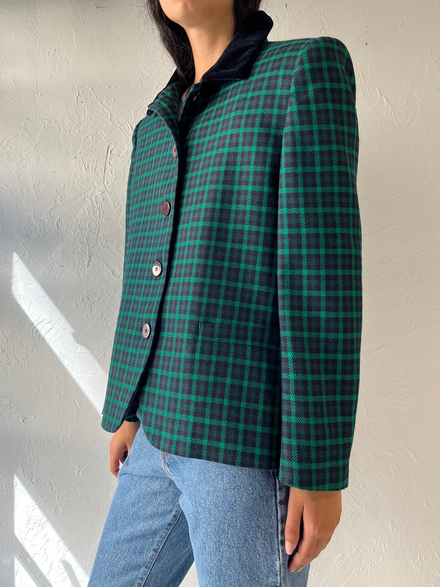 90s 'Jones New York' Green Wool Plaid Jacket / Large