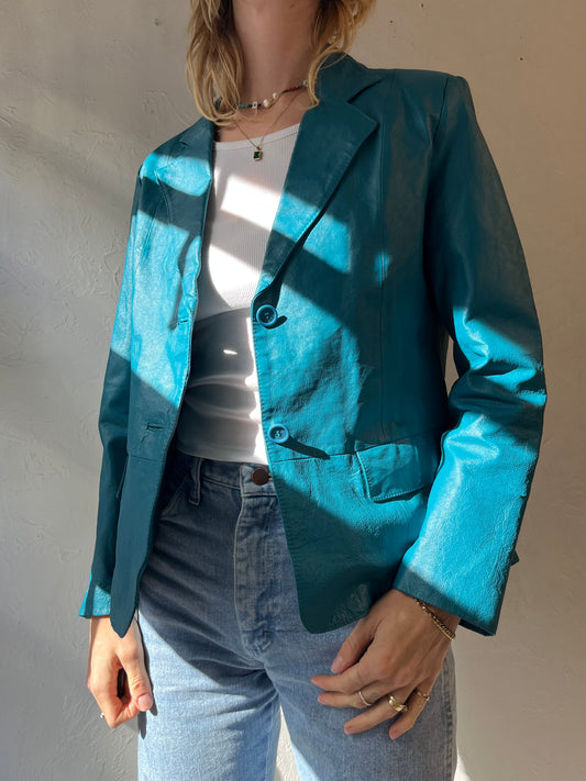 Y2k 'Chadwicks' Blue Leather Jacket / Medium