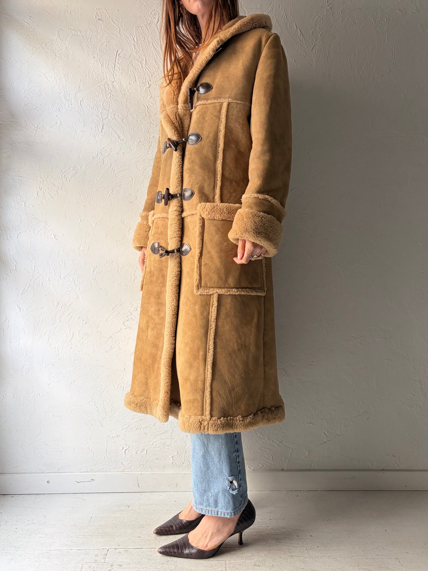 Vintage 'Pacific Fur' Suede Leather Hooded Winter Coat / Small