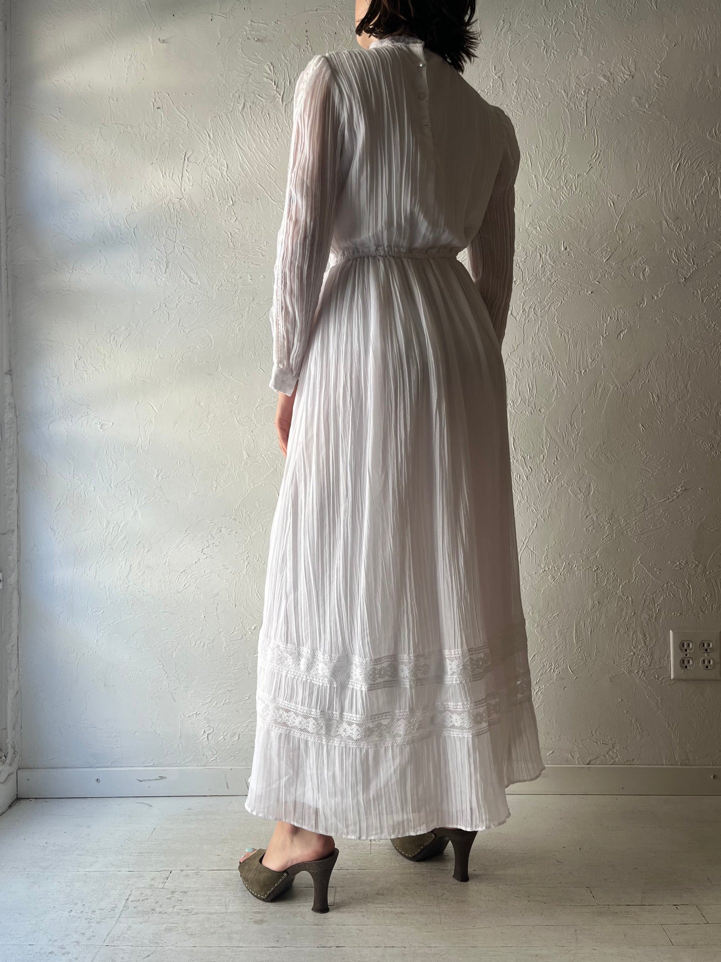 70s 'Souffle' White Romantic Prairie Girl Summer Maxi Dress / Vintage 1970s Boho Hippie Long Sleeve Dress / Small - Medium