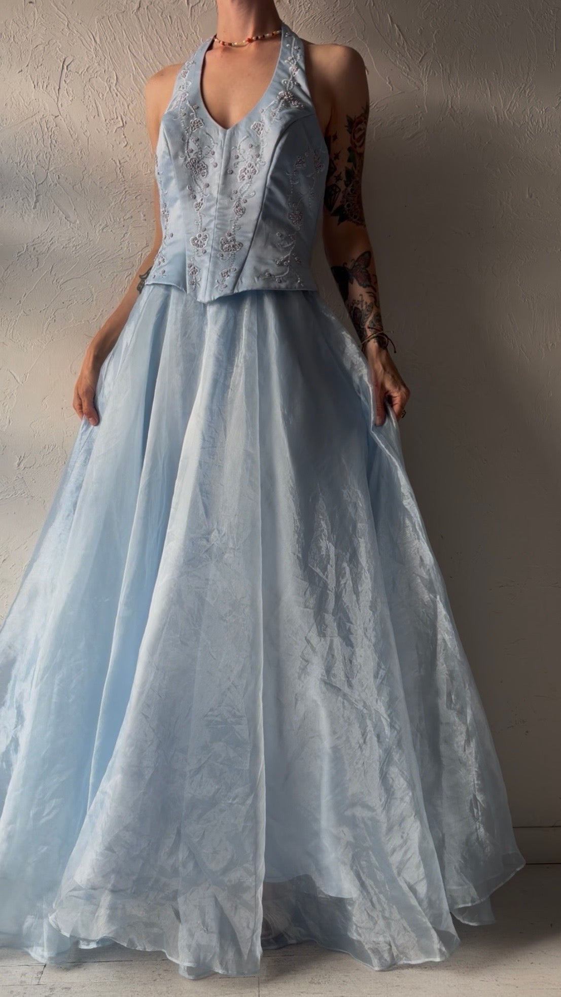 90s 'Nox' Baby Blue Halter Prom Dress / Medium