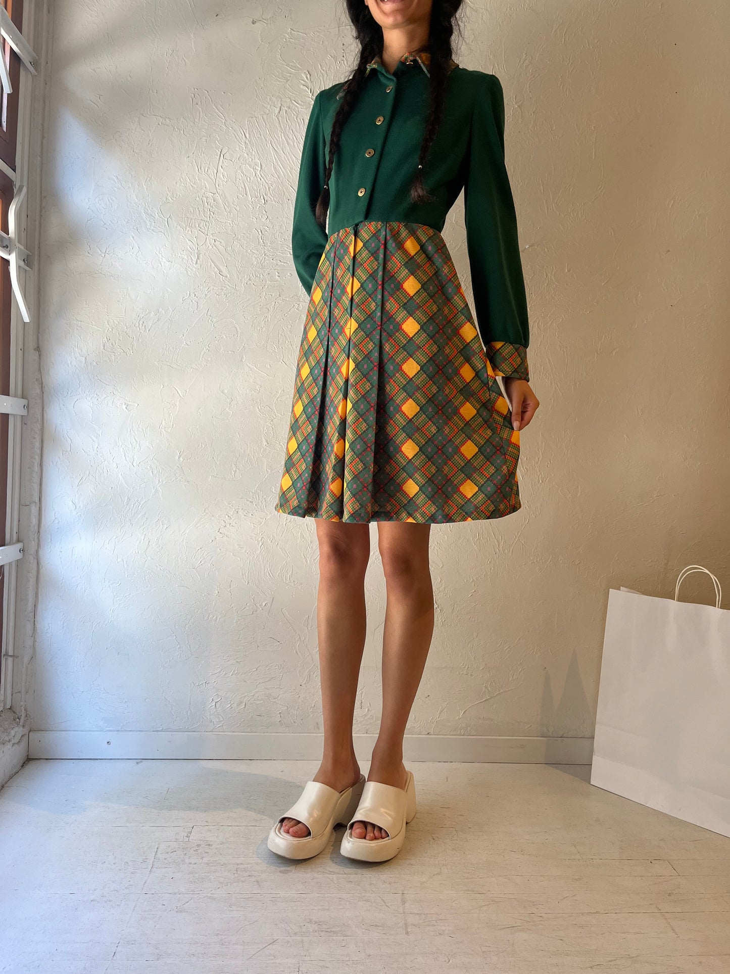 70s 'Pacemaker' Green Long Sleeve Knit Dress / Union Made / Small