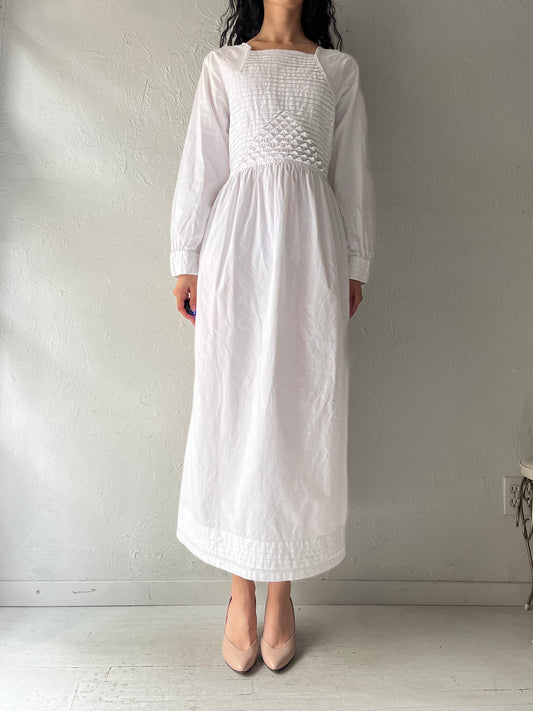 90s 'Dressed in White' Long Sleeve Cotton Dress / XL