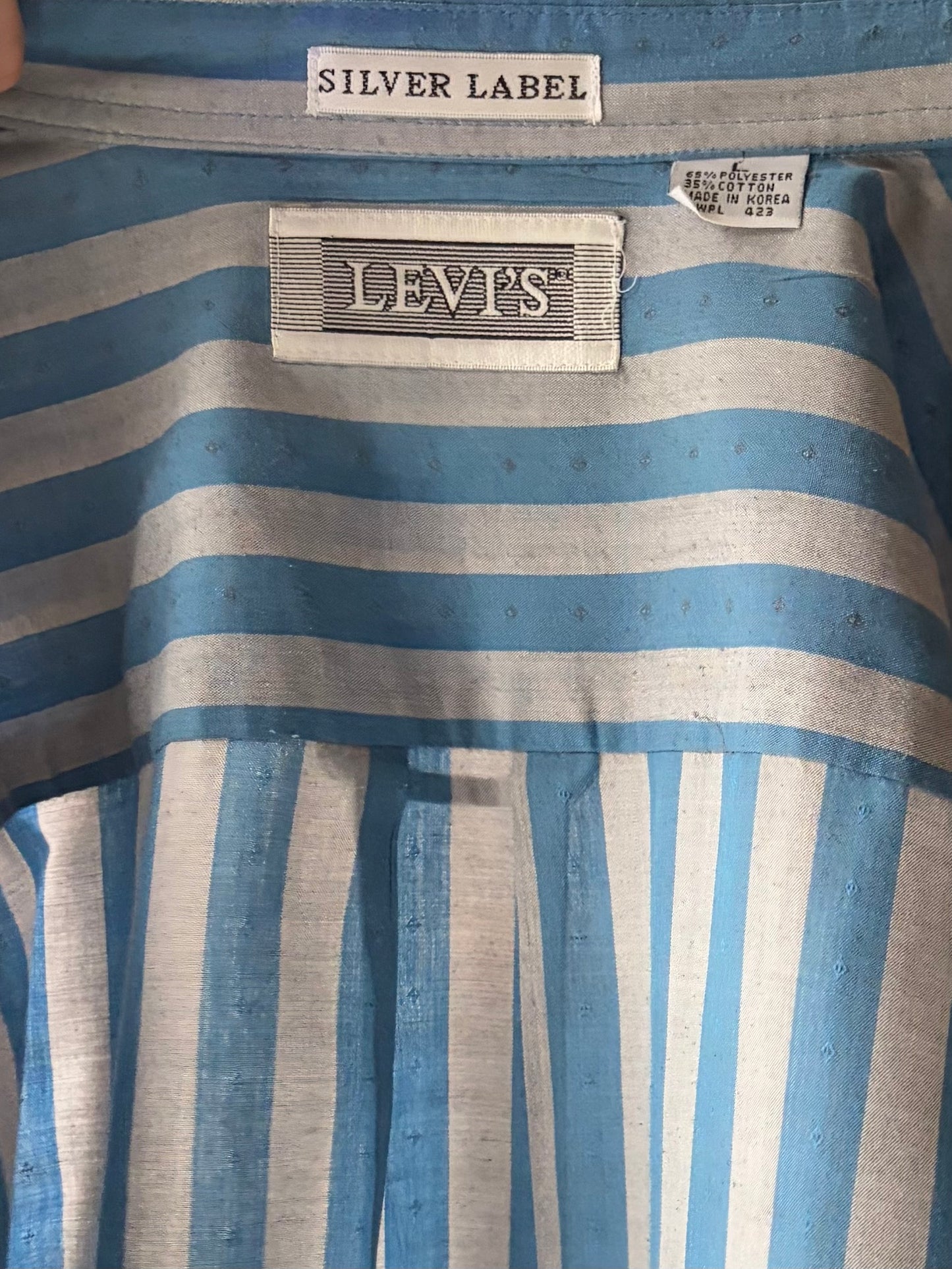 80s 'Levis' Blue Striped Button Up Shirt / Large