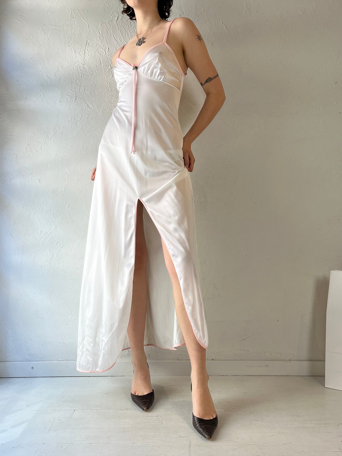 70s 'Val Mode' White Nylon Slip Dress / Medium
