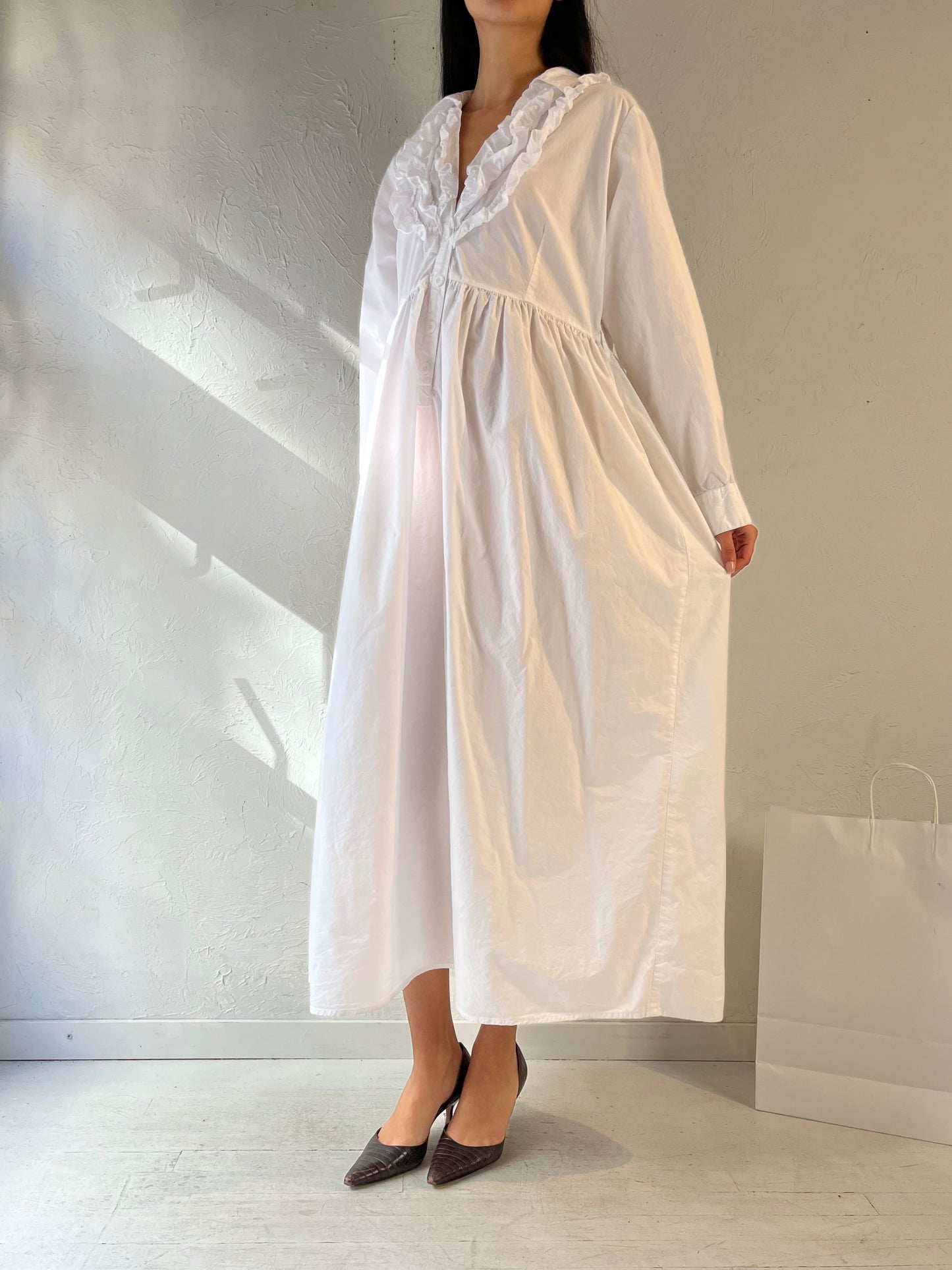 Y2K ‘Dressed in White’ Long Sleeve White Cotton Dress / XL