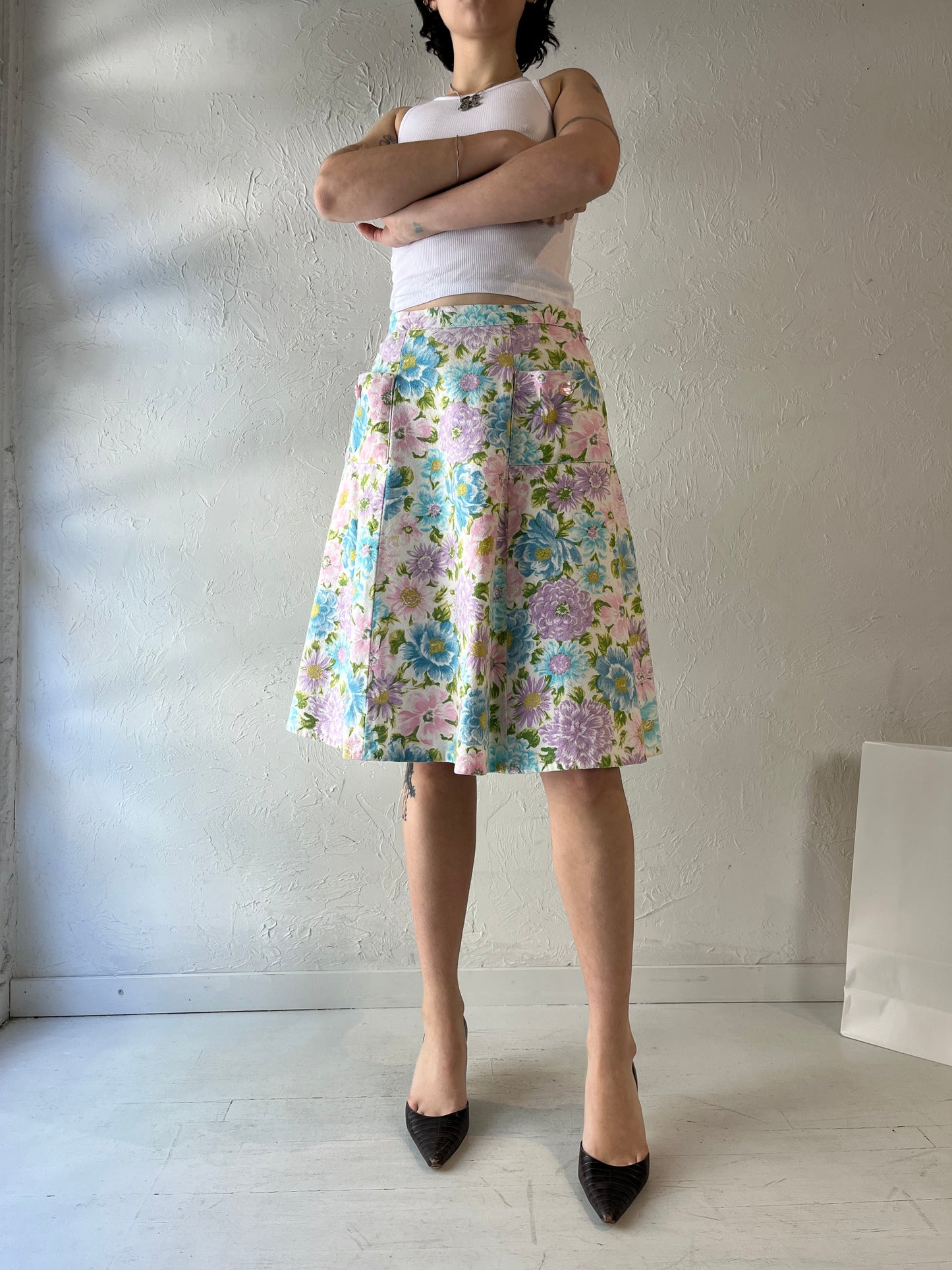 Vintage Handmade Pastel Floral Midi Skirt / Small