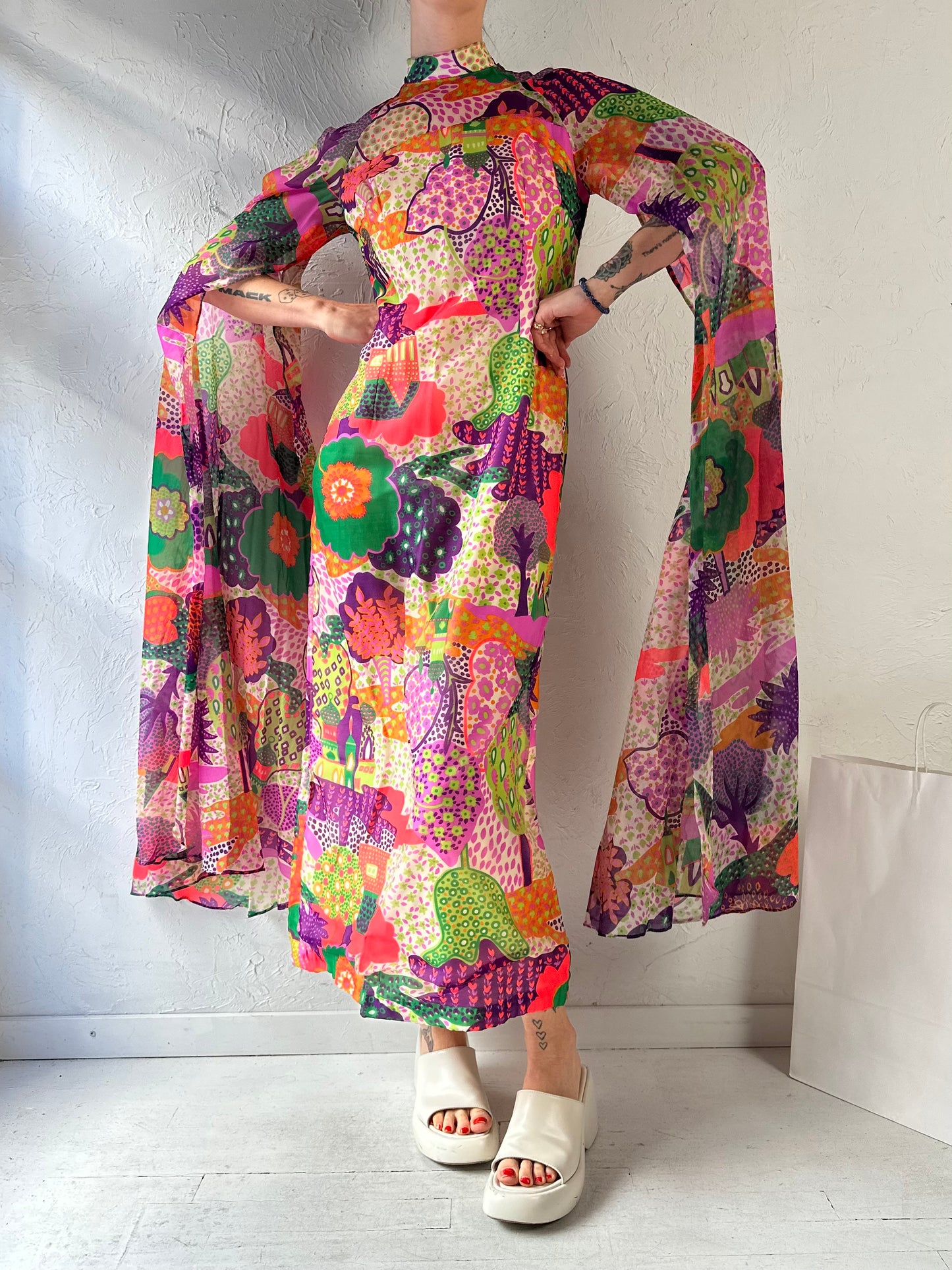 70s Patterned Maxi Dress / Small