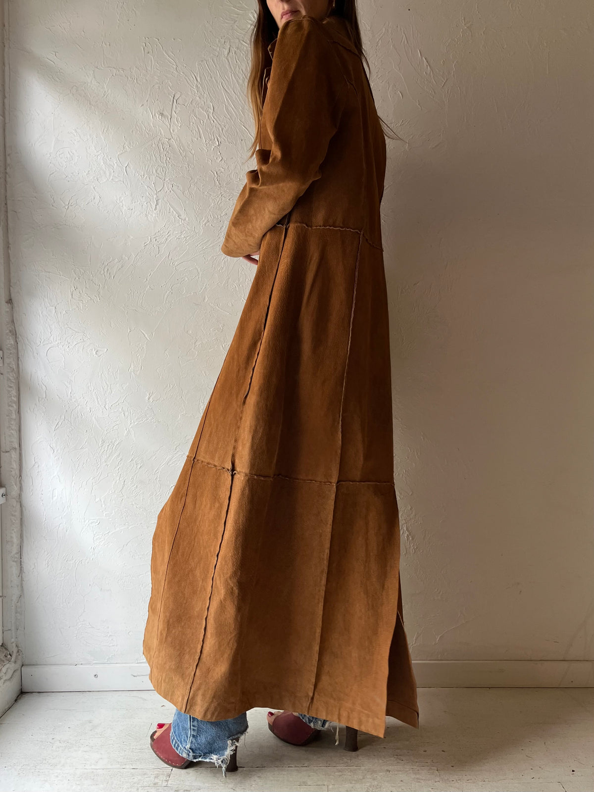 90s 'Le Château' Tan Suede Leather Maxi Trench Coat / Longline Minimalist Duster Jacket / Medium