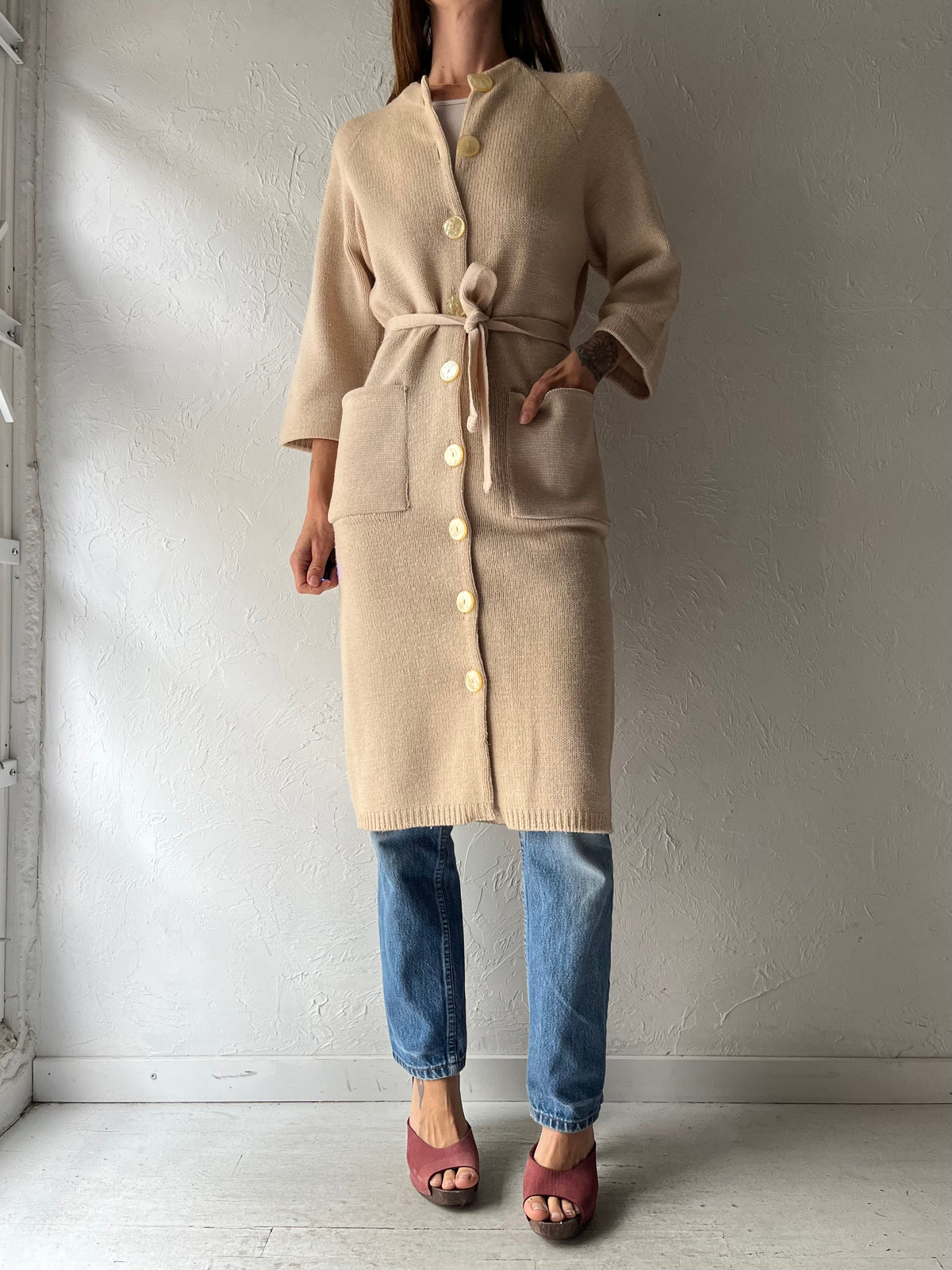 70s 'Lady Anne' Cream Wool Minimalist Retro Cardigan Sweater / Small