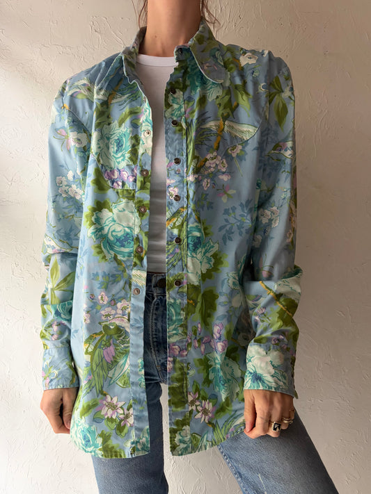 70s Vintage Floral Western Snap Up Shirt / Medium