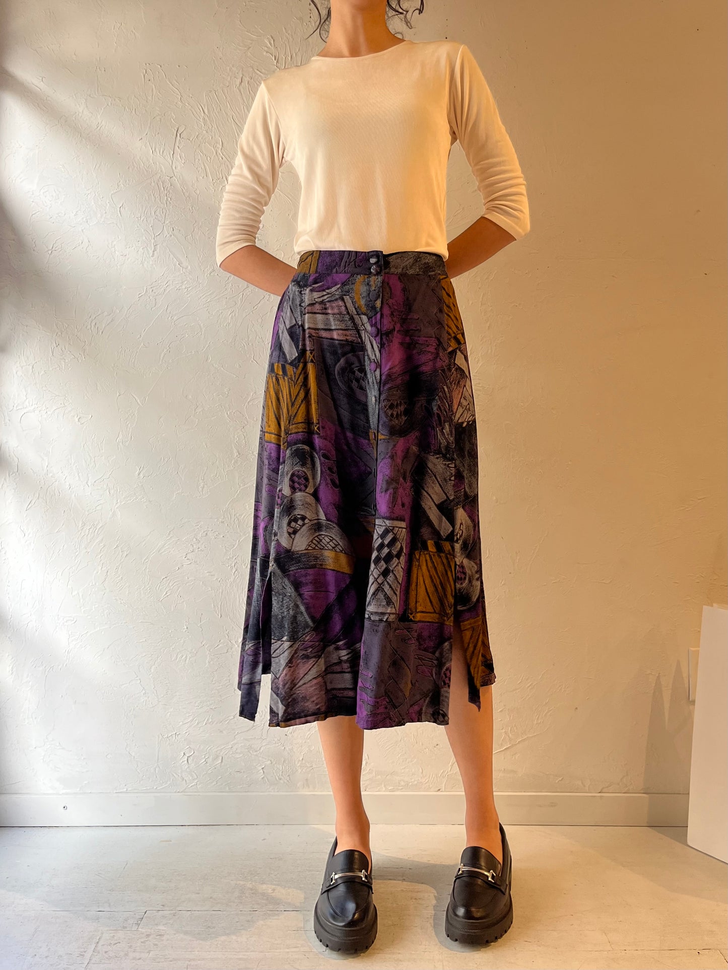 90s ‘Fengy’ Patterned Rayon Midi Skirt / Small