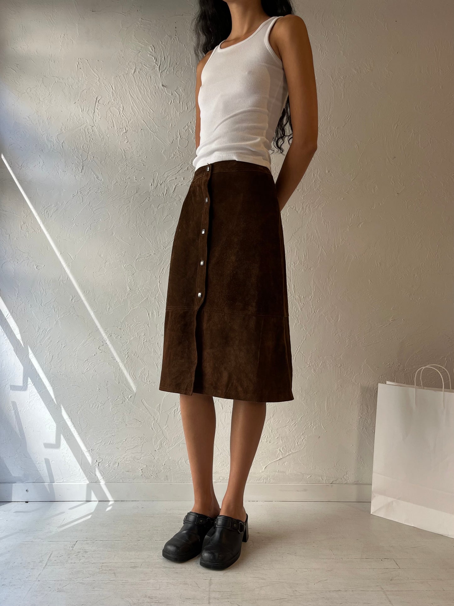 70s 'Elle' Brown Suede Midi Skirt / Small